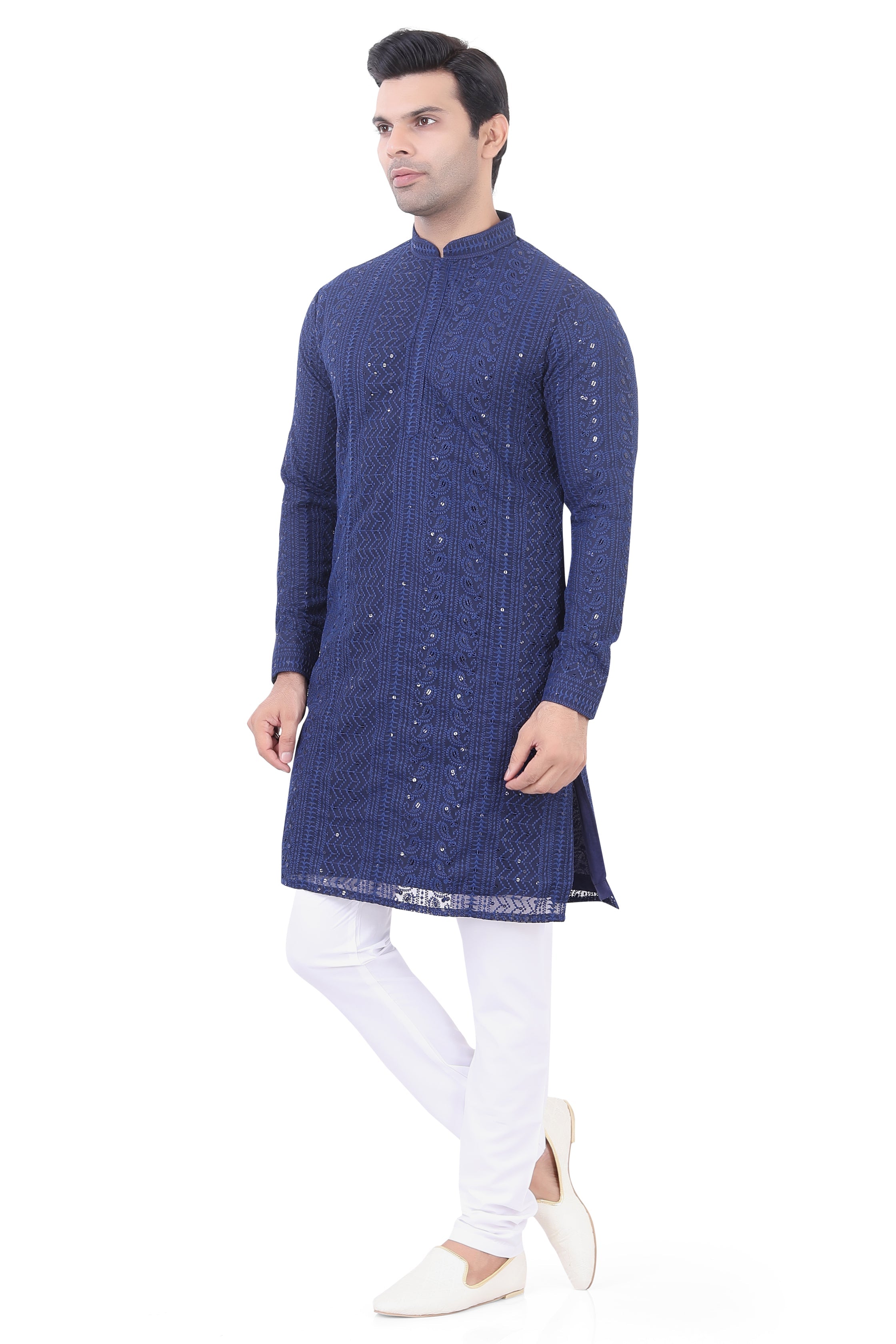 Lucknowi Kurta Pajama Set in Navy Blue  - LCKP-009