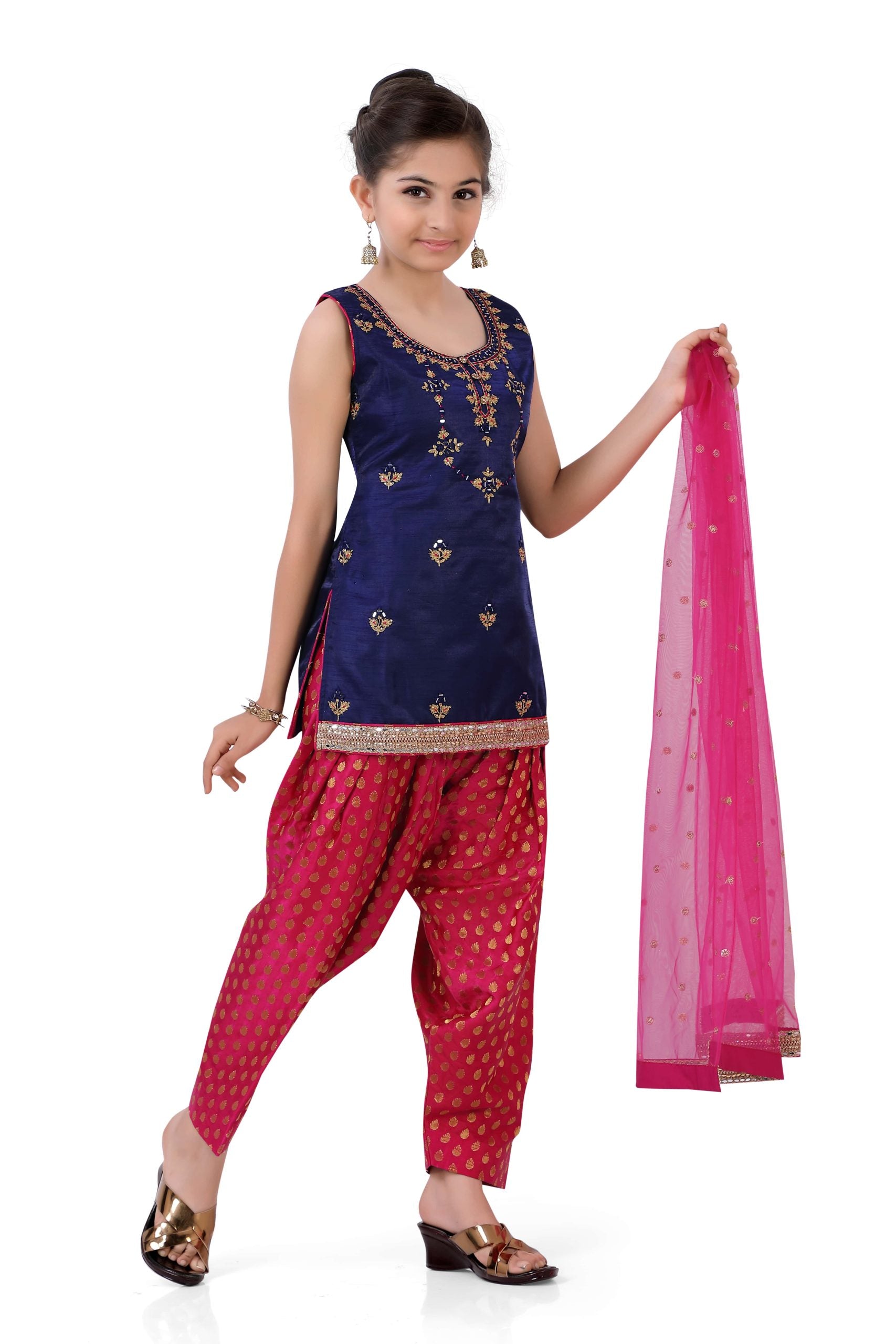 Black- Coloured Girl Suit with Patiyala Style Salwar and Dupatta with  Golden Lace works Pure Cotton