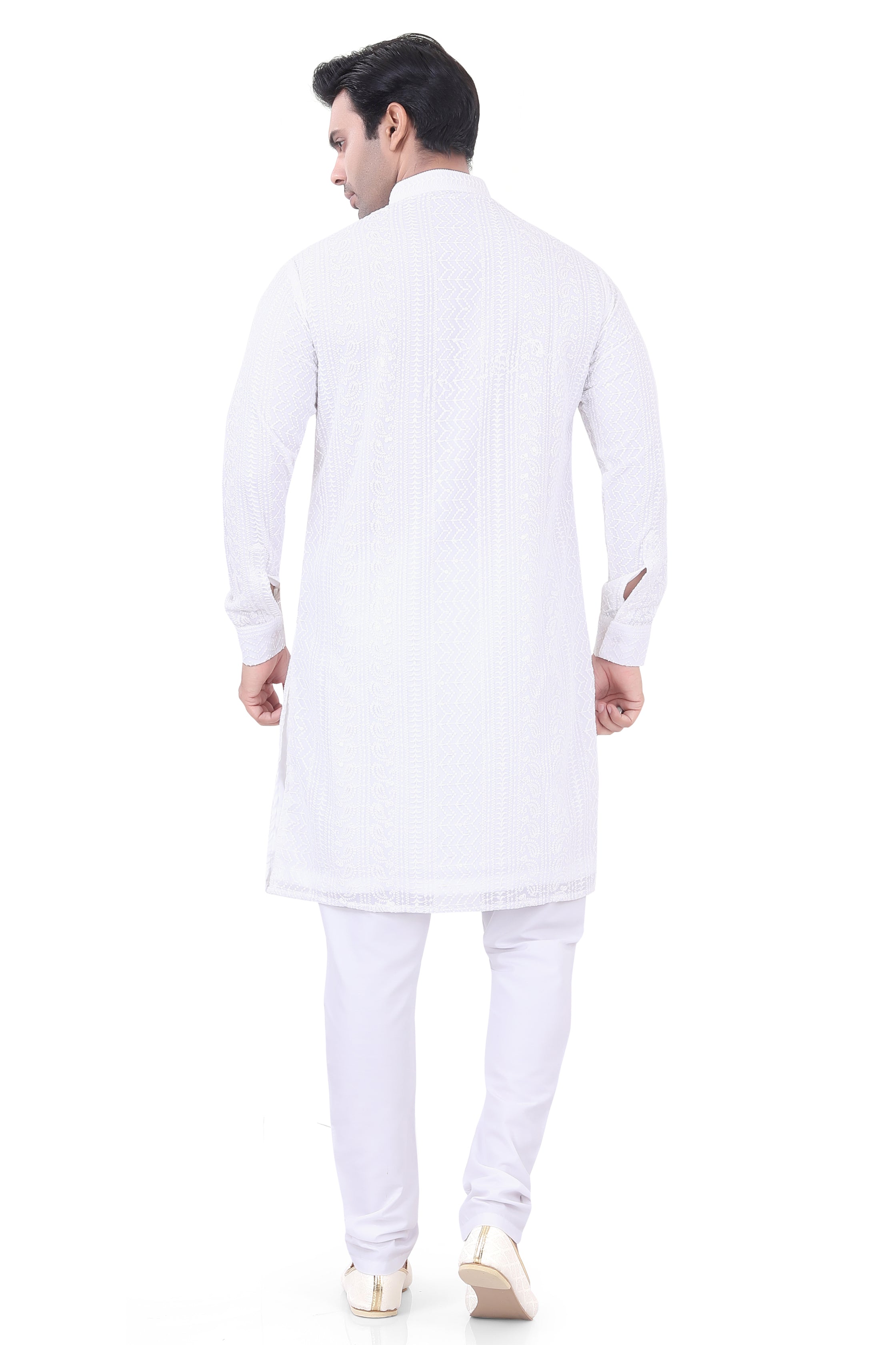 Lucknowi  Kurta Pajama Set in White - LCKP-009