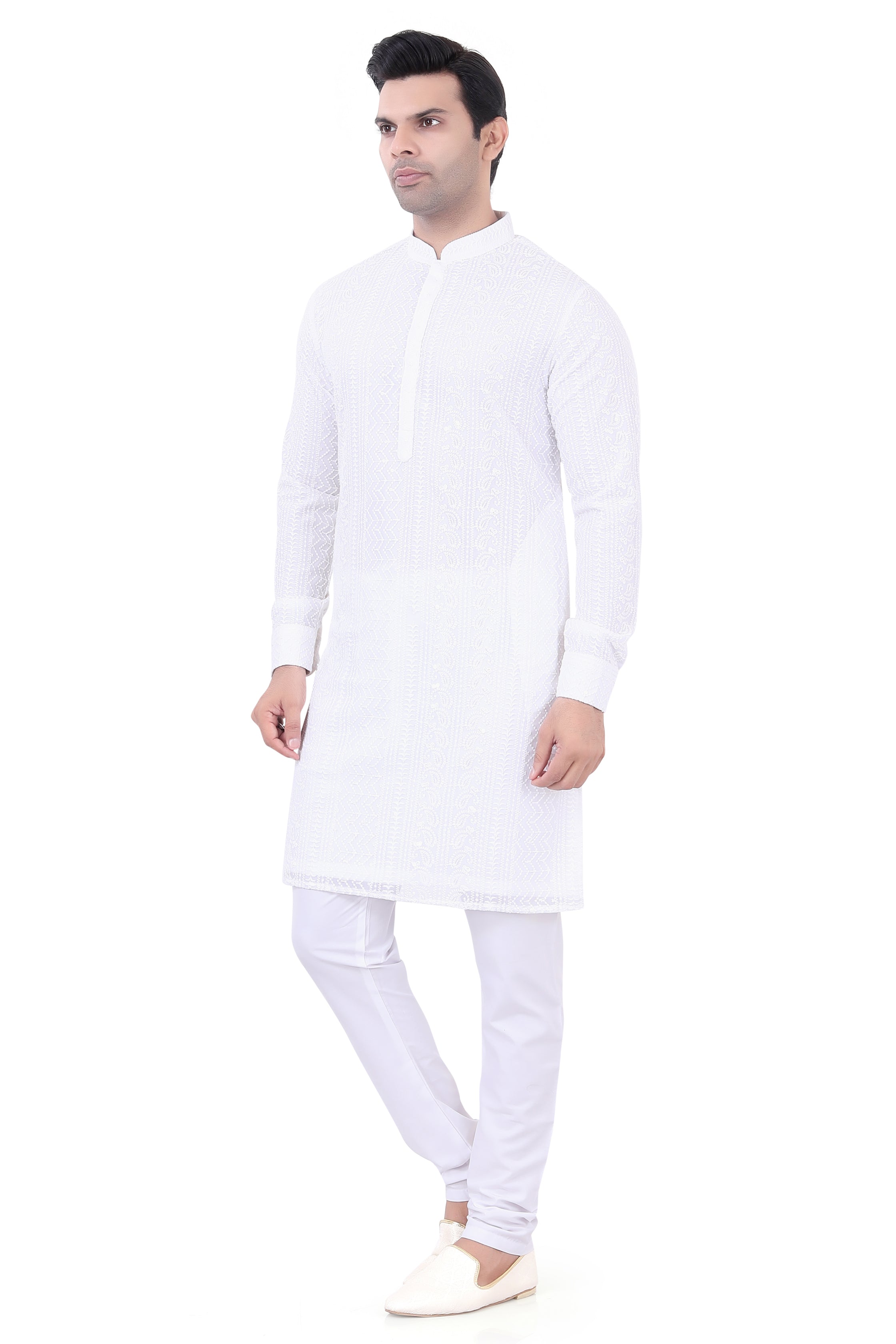 Lucknowi  Kurta Pajama Set in White - LCKP-009