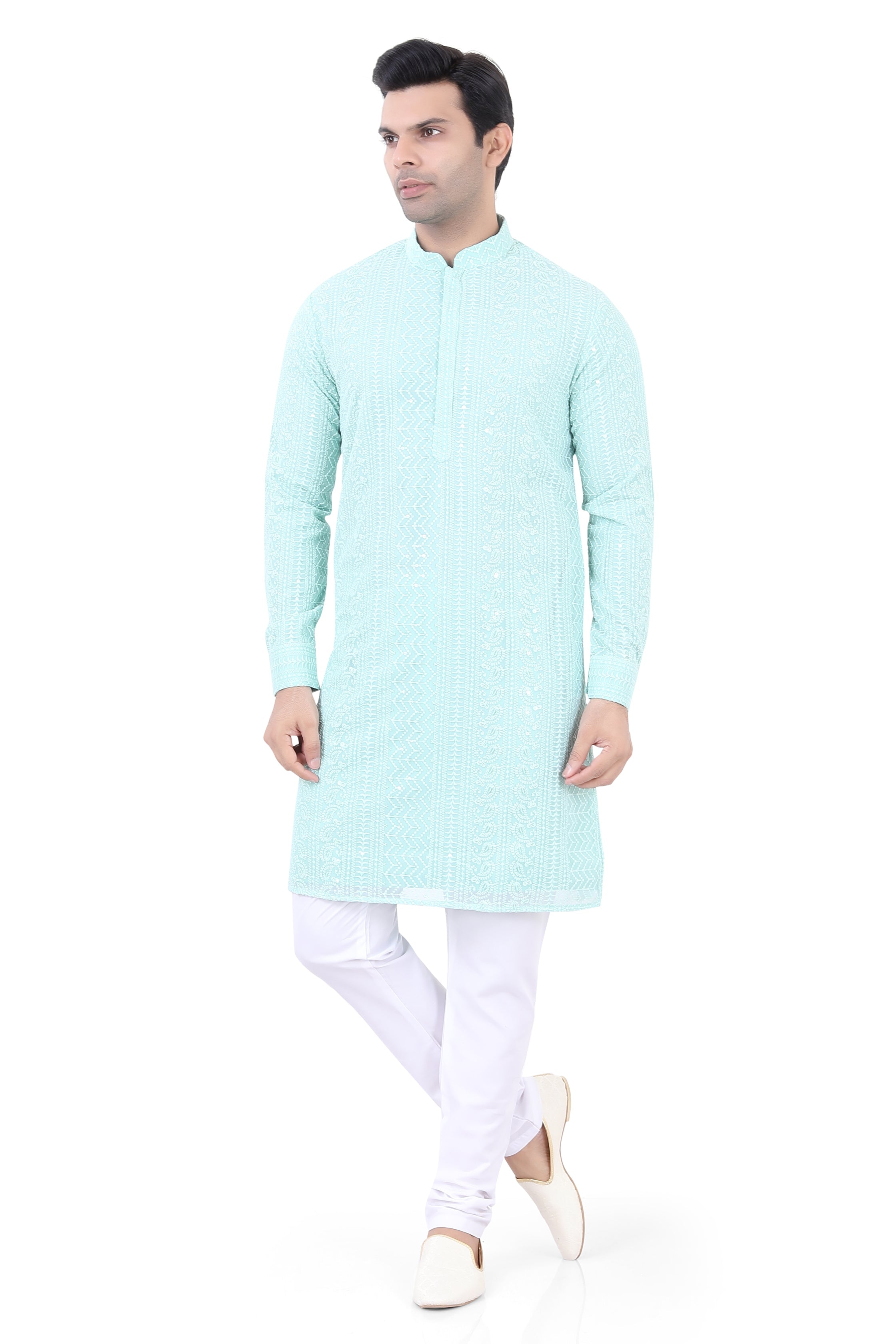 Lucknowi  Kurta Pajama Set in Light Blue- LCKP-009