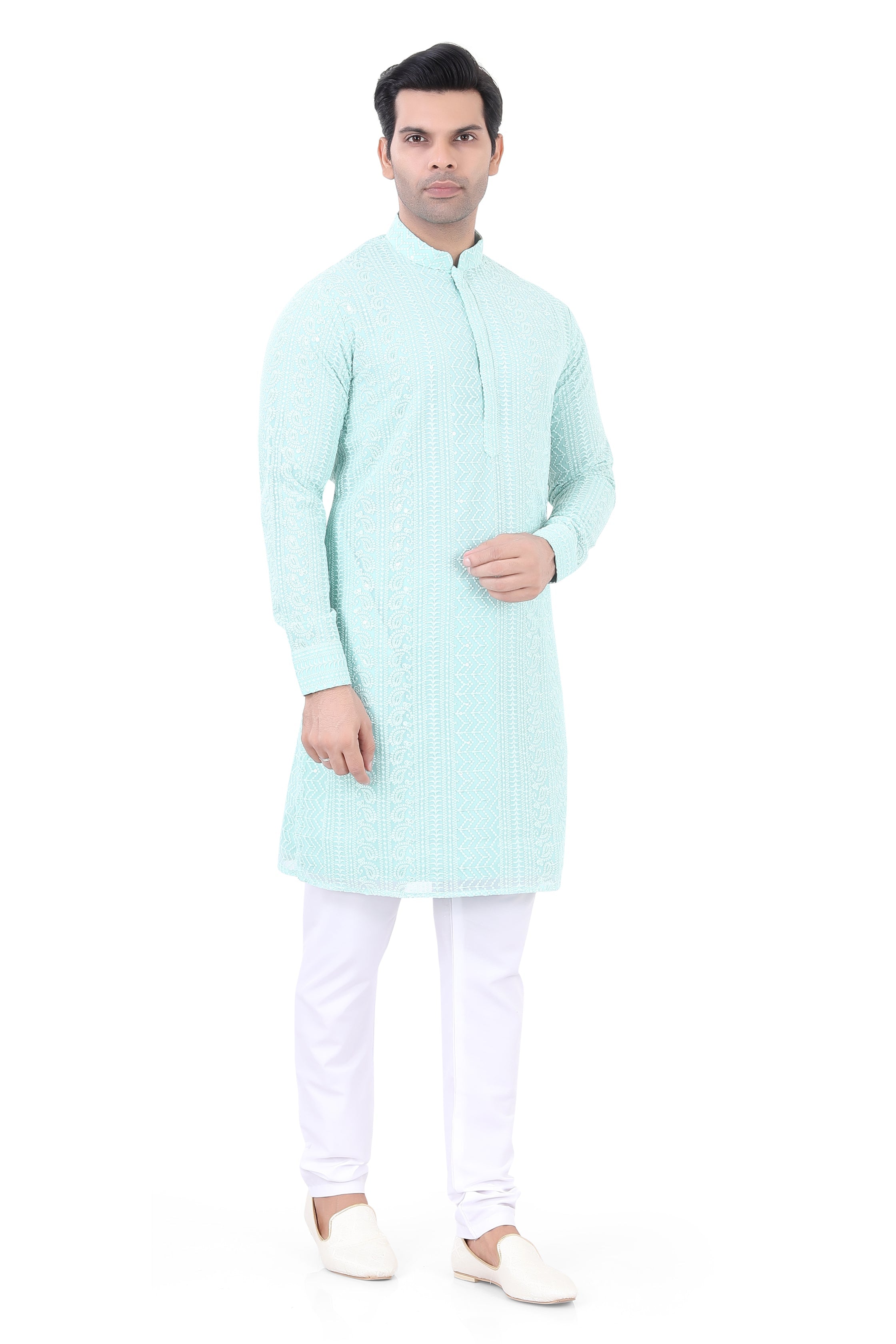 Lucknowi  Kurta Pajama Set in Light Blue- LCKP-009