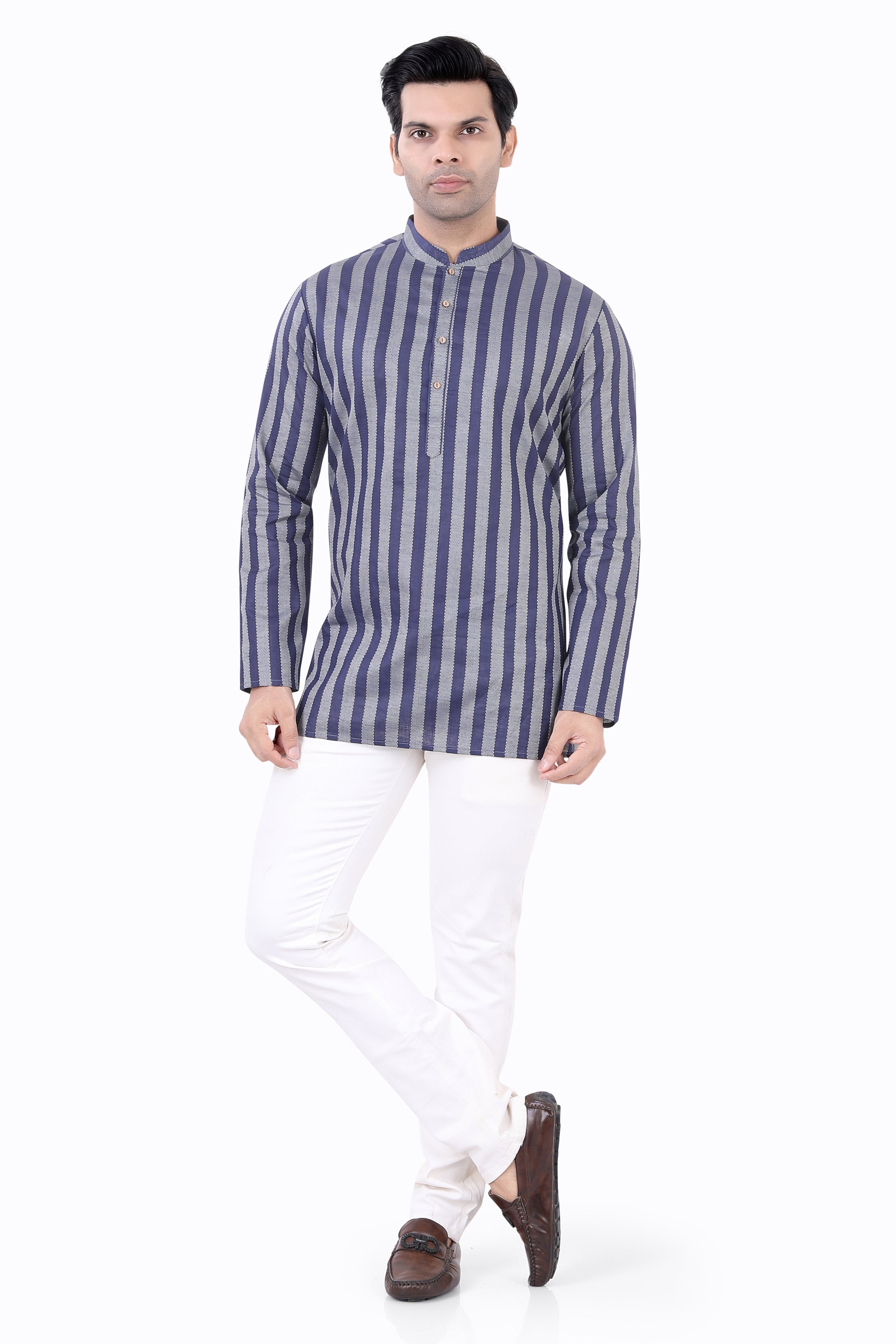 Cotton Short Kurta in Grey Striped Fabric