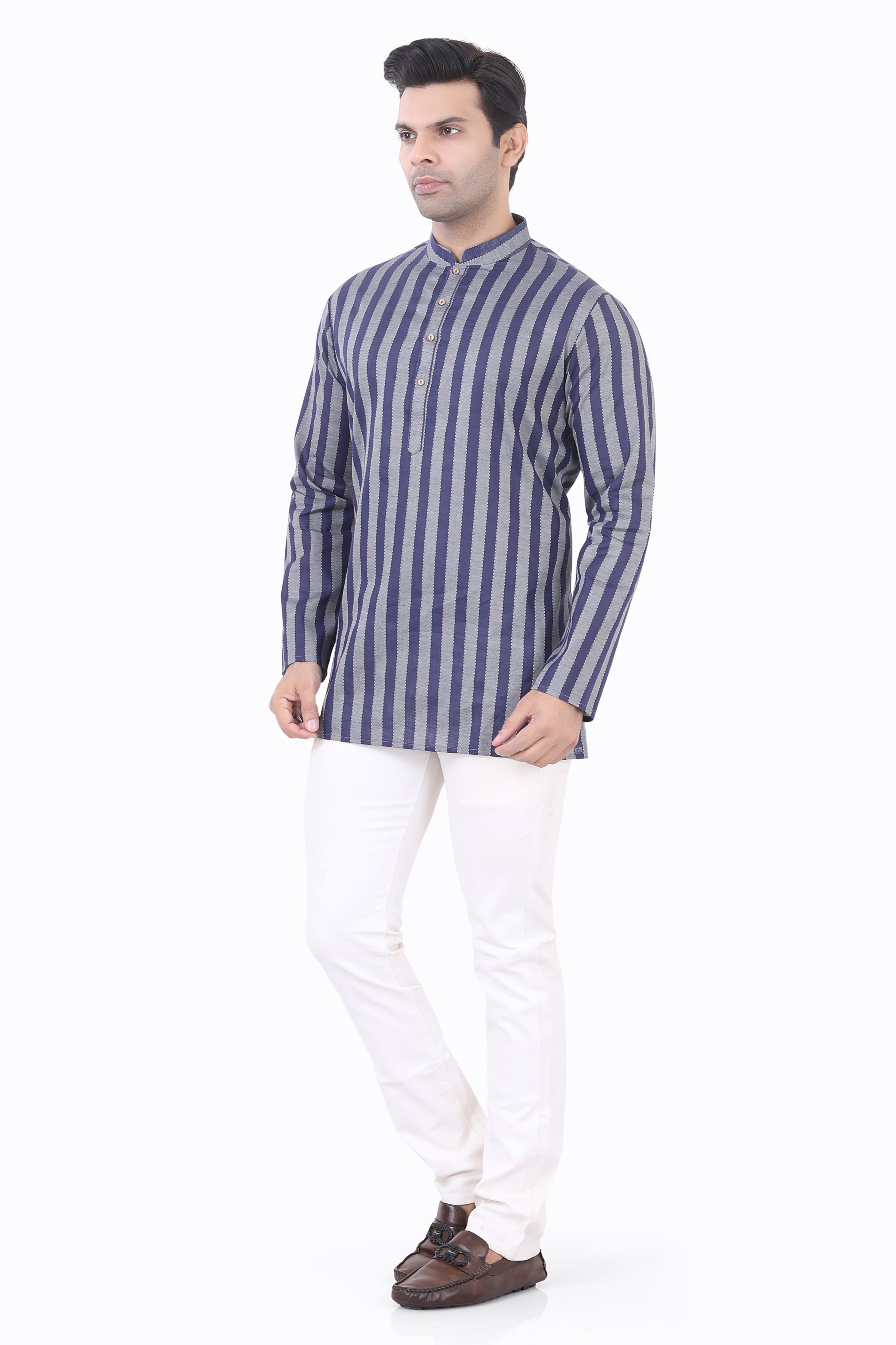 Cotton Short Kurta in Grey Striped Fabric