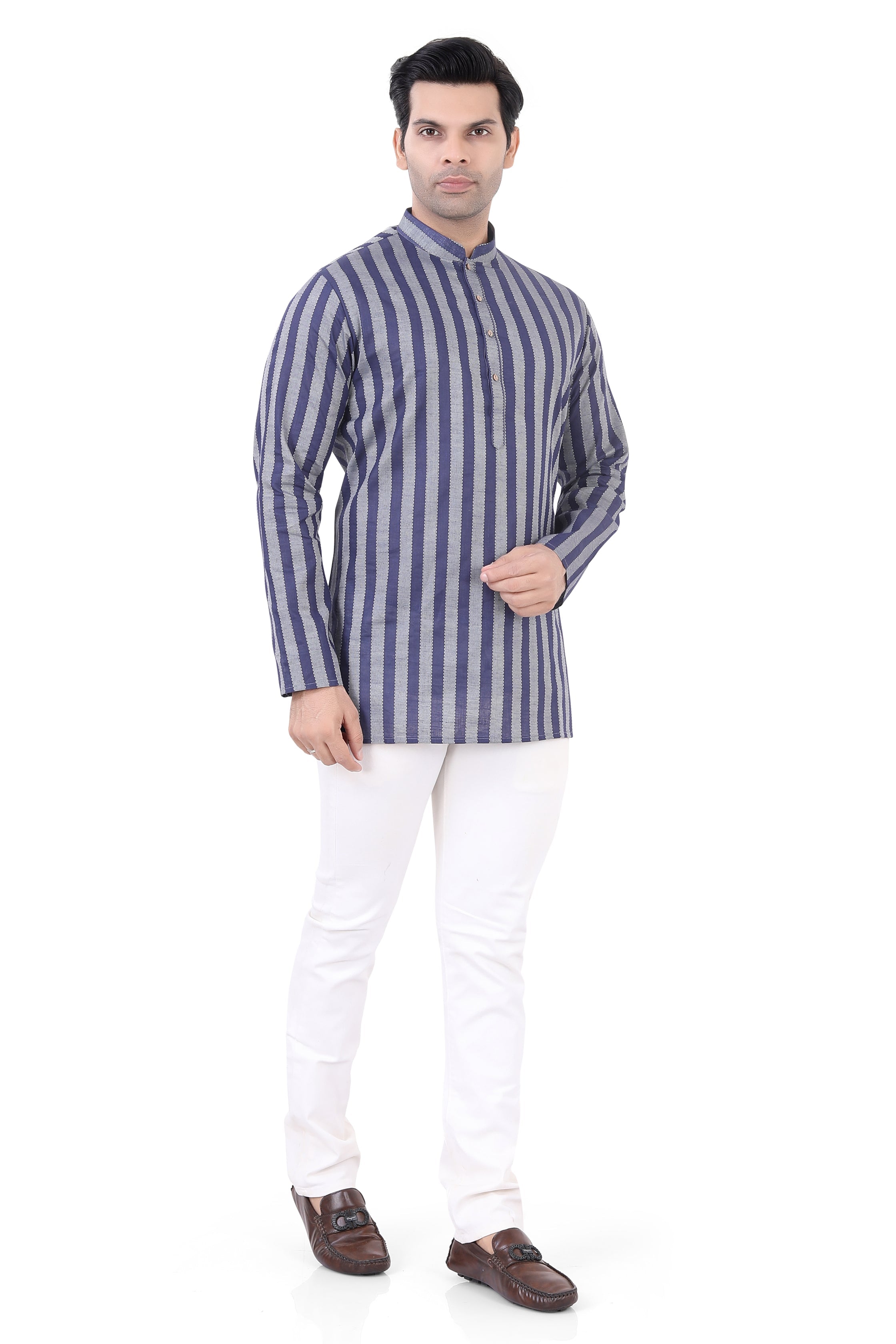 Cotton Short Kurta in Grey Striped Fabric