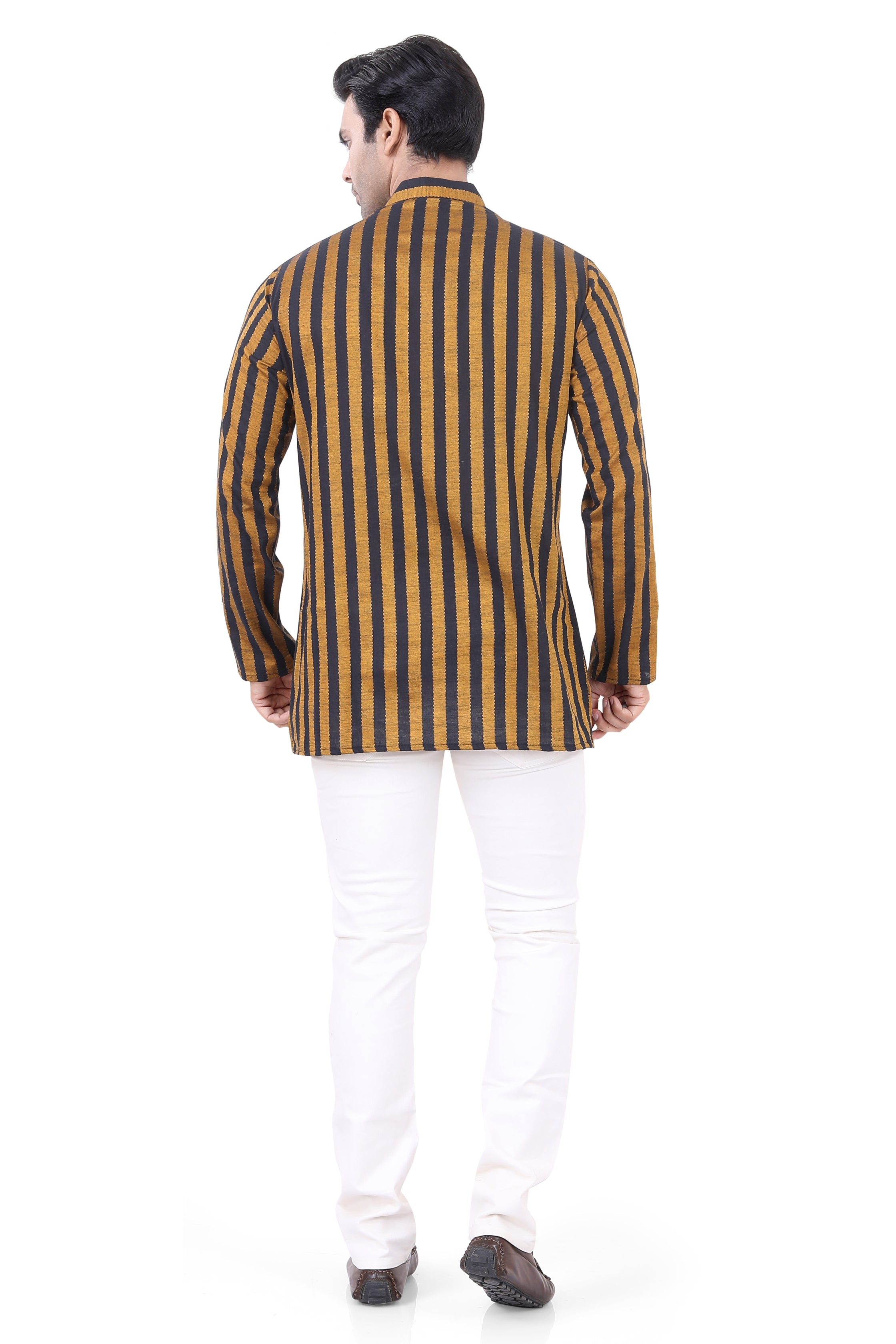 Cotton Short Kurta in Mustard Striped Fabric