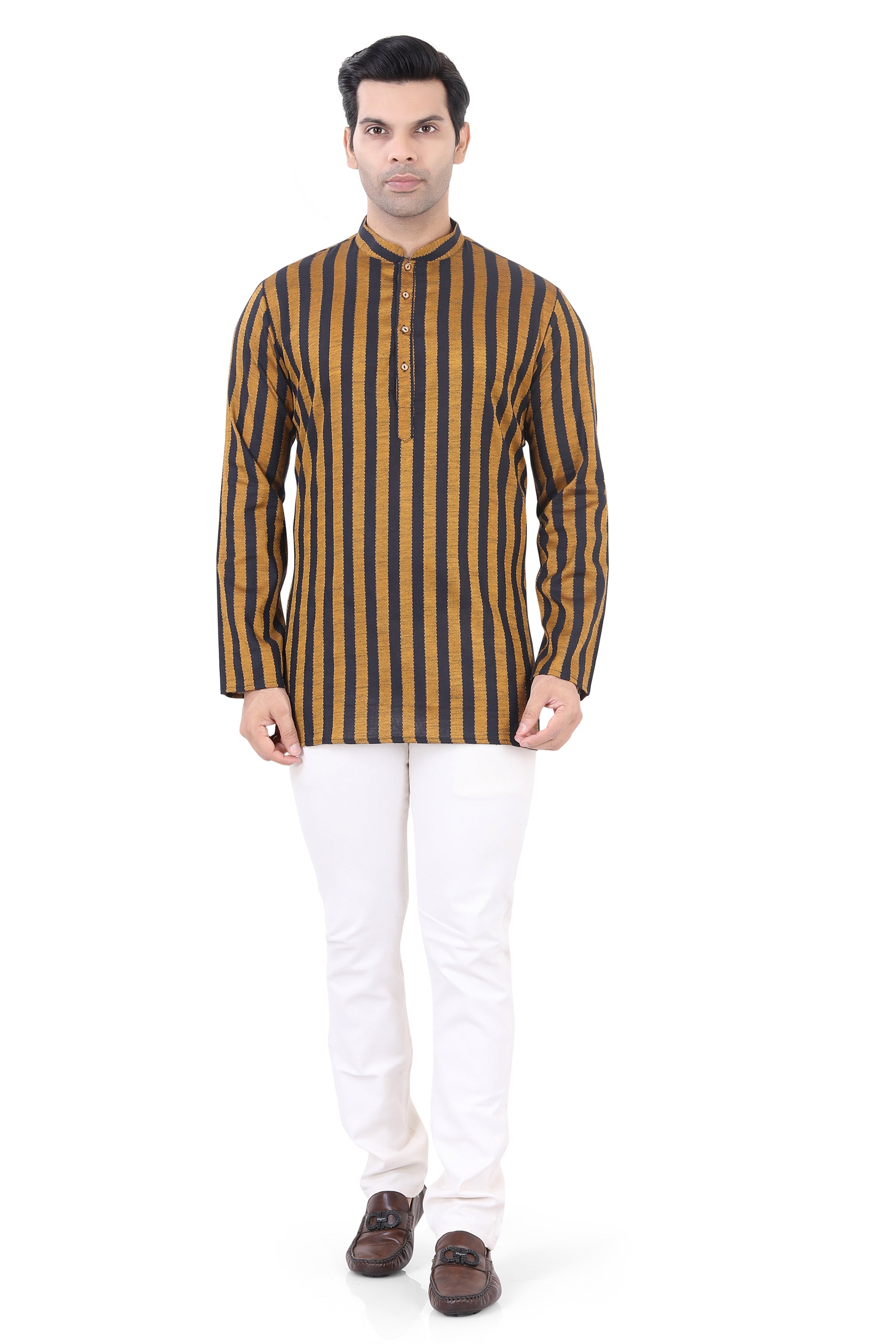 Cotton Short Kurta in Mustard Striped Fabric