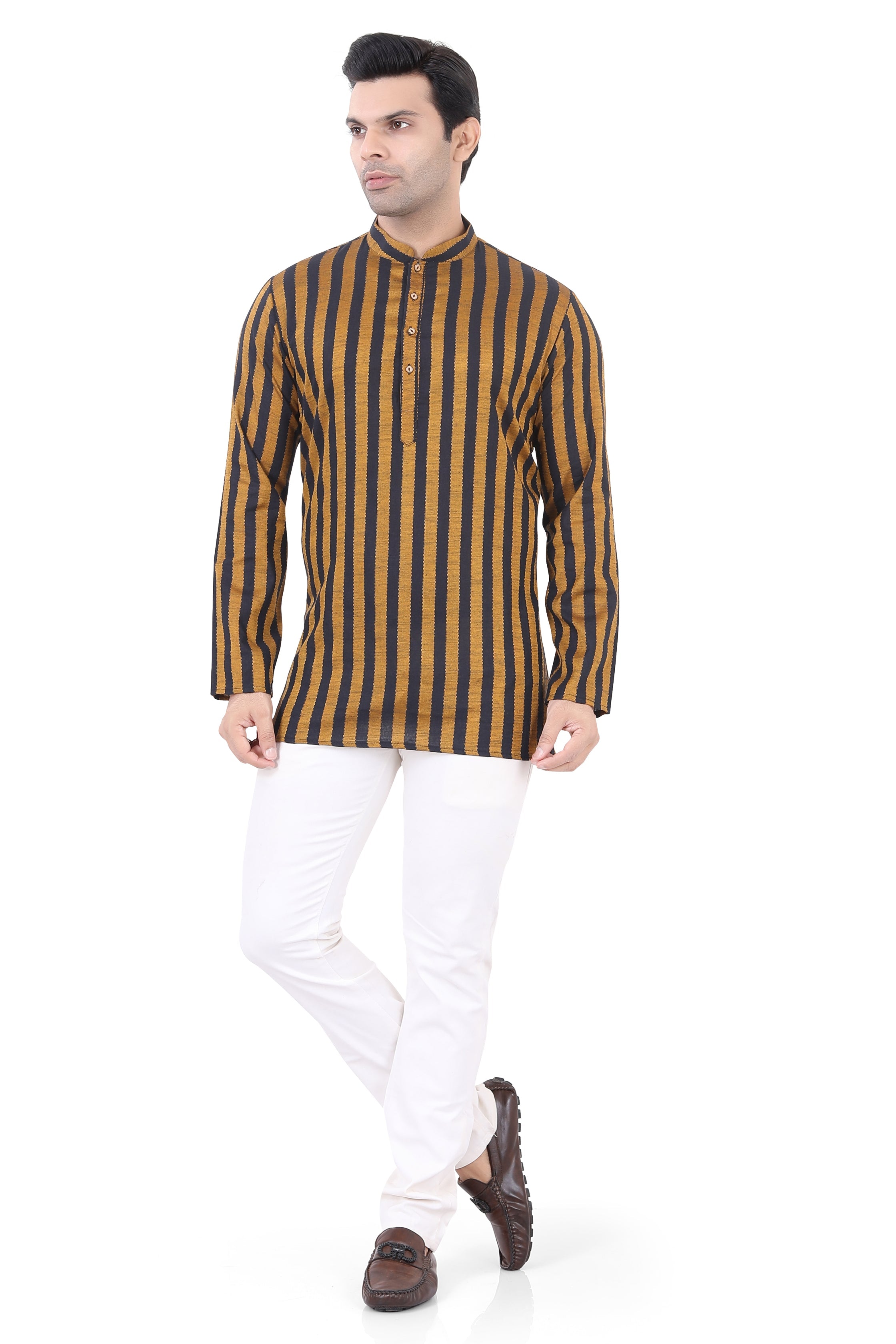 Cotton Short Kurta in Mustard Striped Fabric