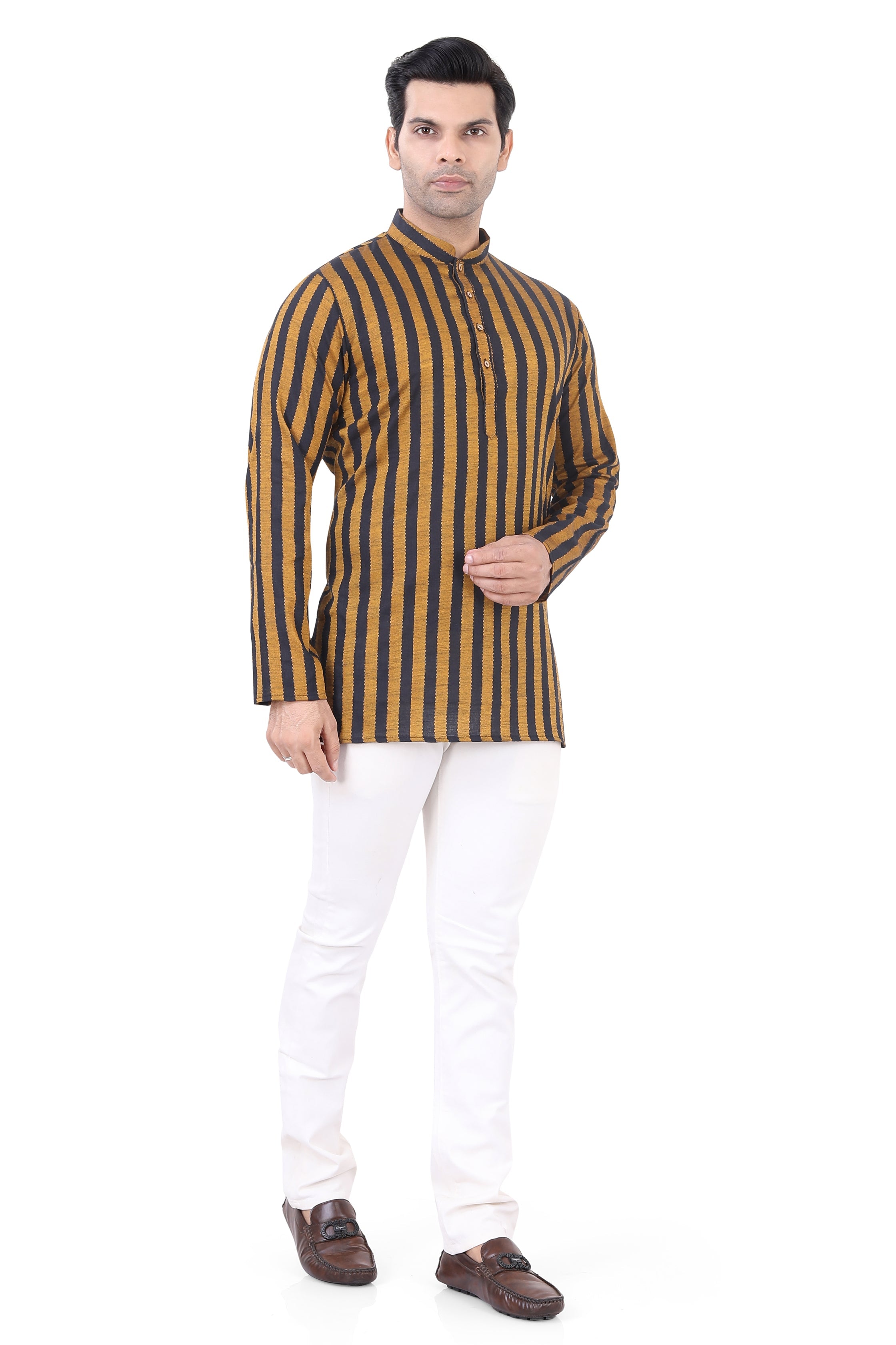 Cotton Short Kurta in Mustard Striped Fabric