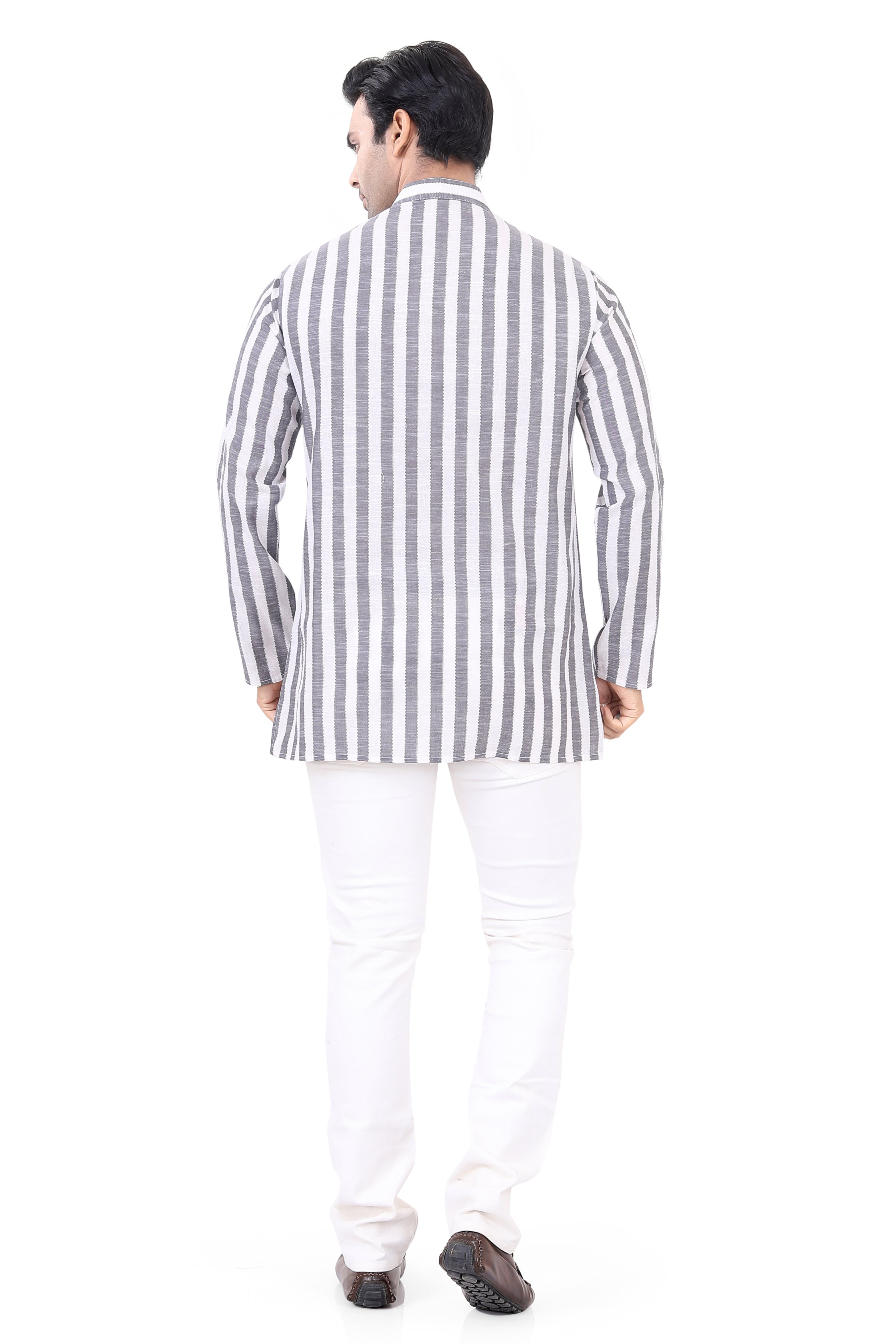 Cotton Short Kurta in White Striped Fabric