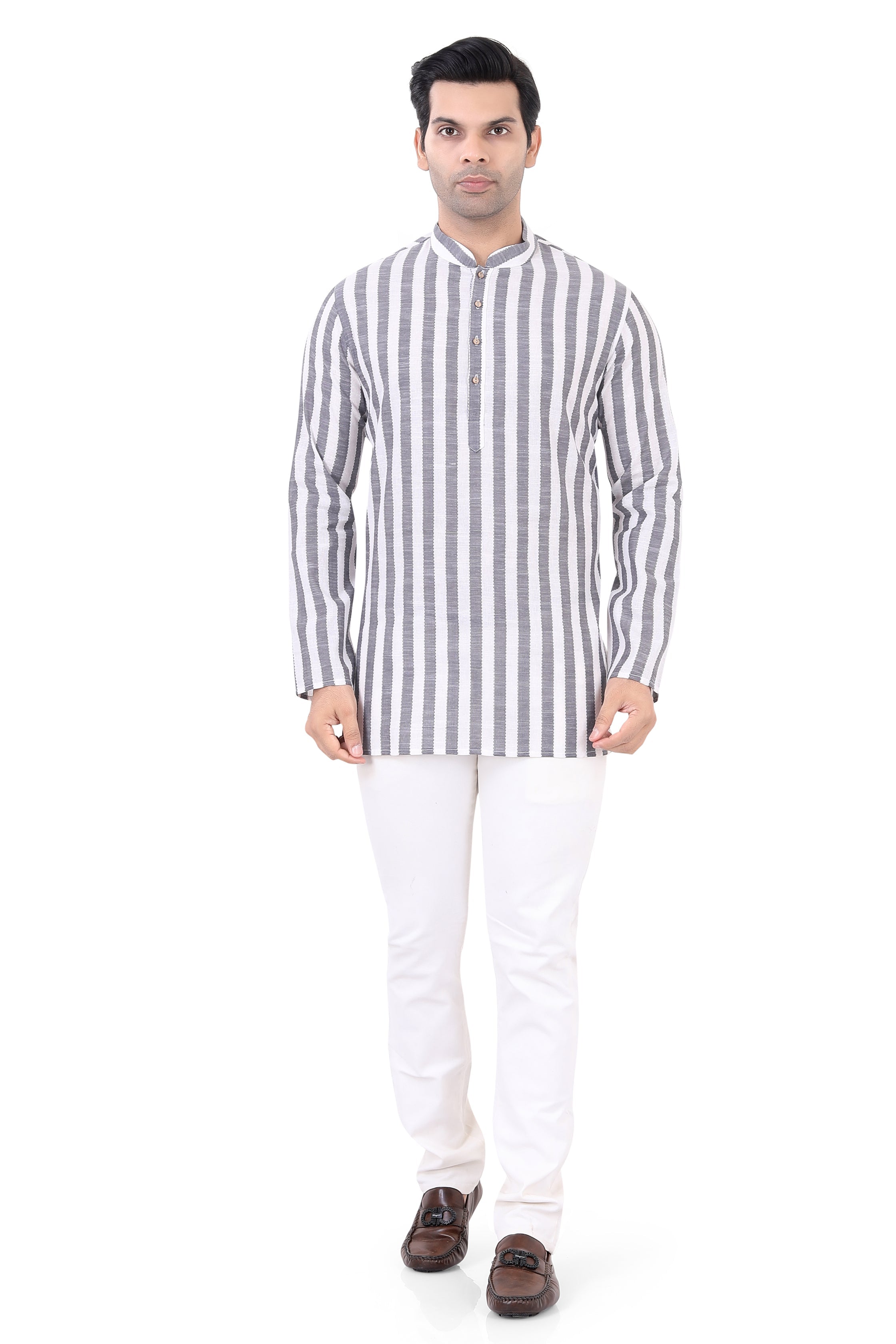 Cotton Short Kurta in White Striped Fabric