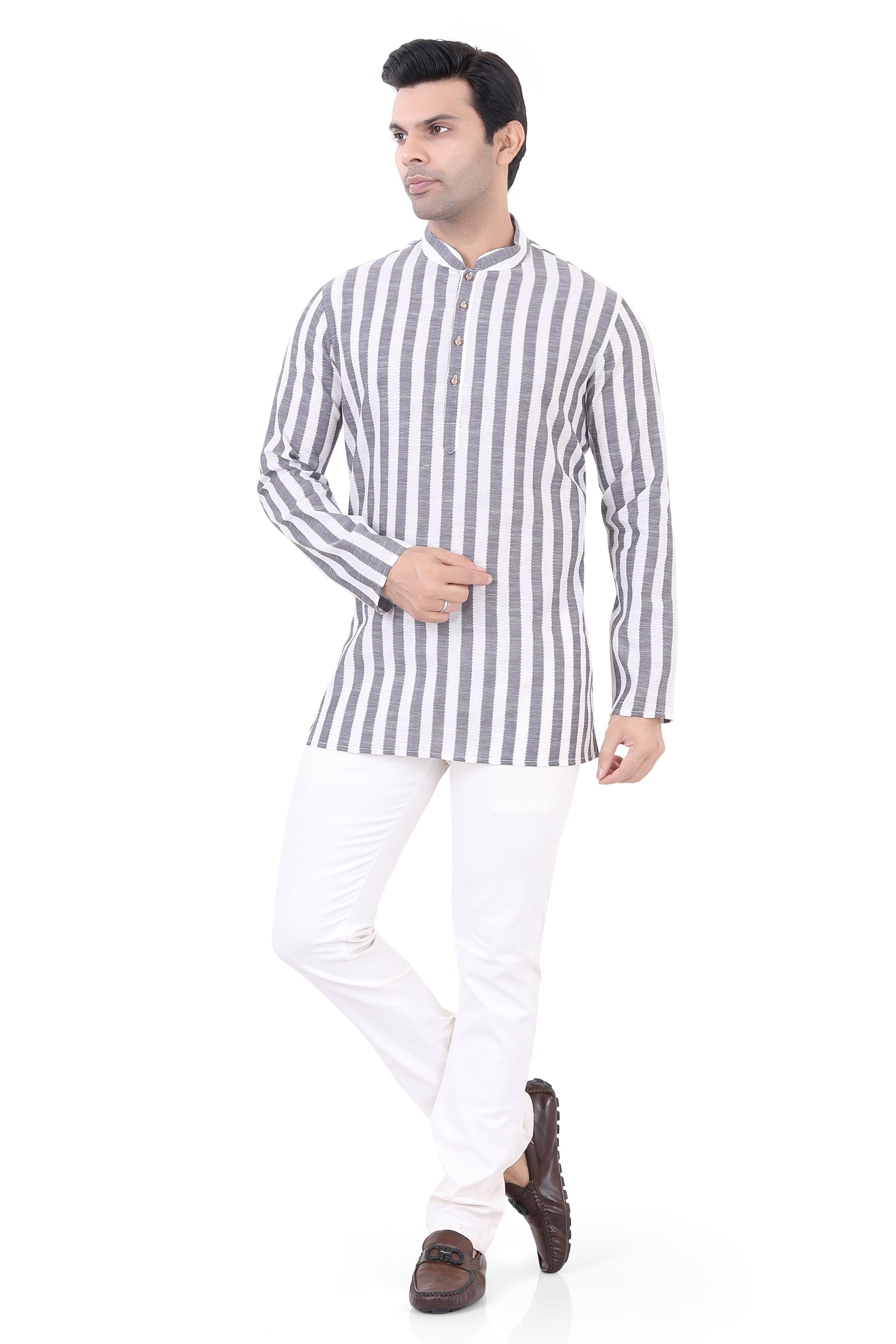 Cotton Short Kurta in White Striped Fabric