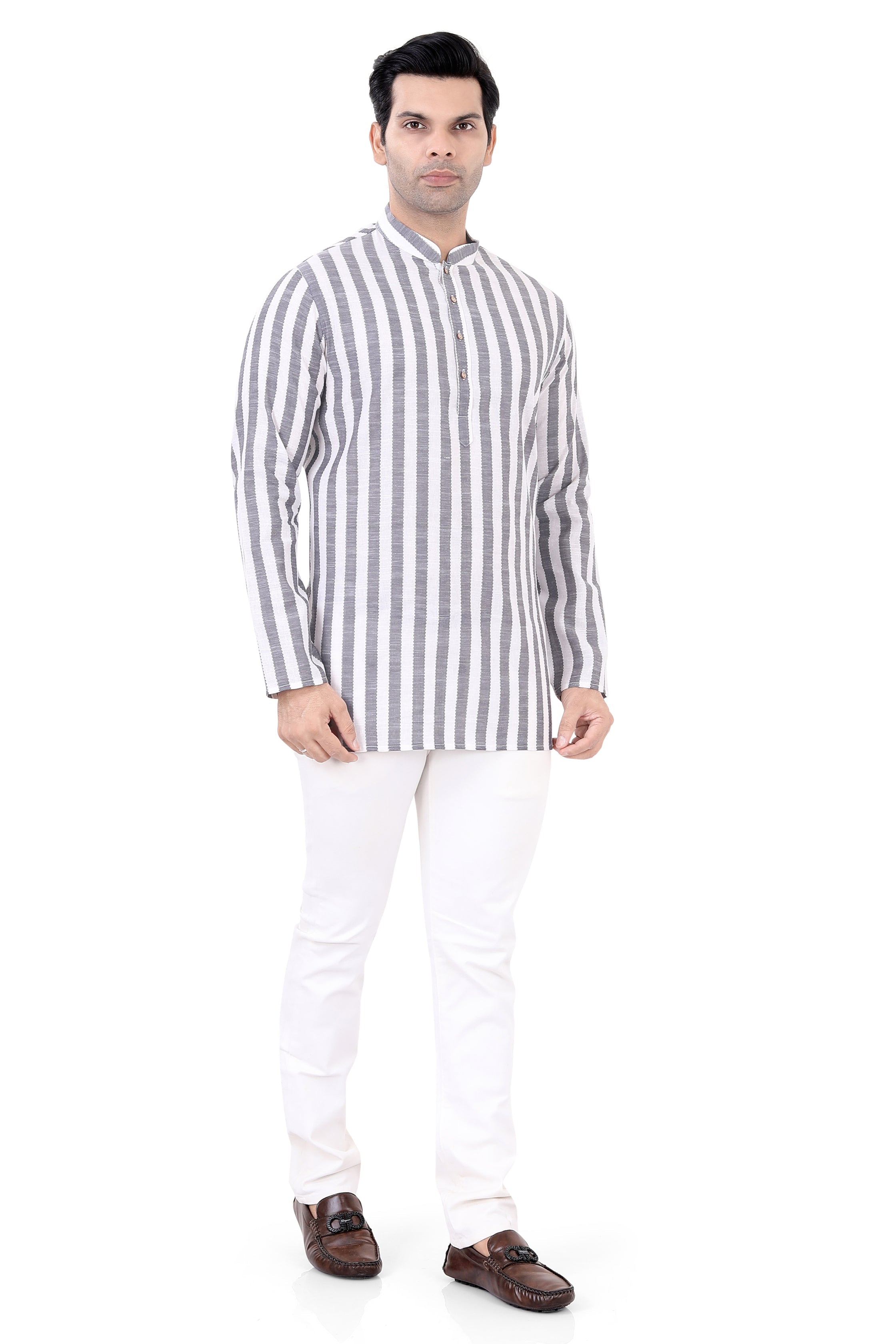 Cotton Short Kurta in White Striped Fabric