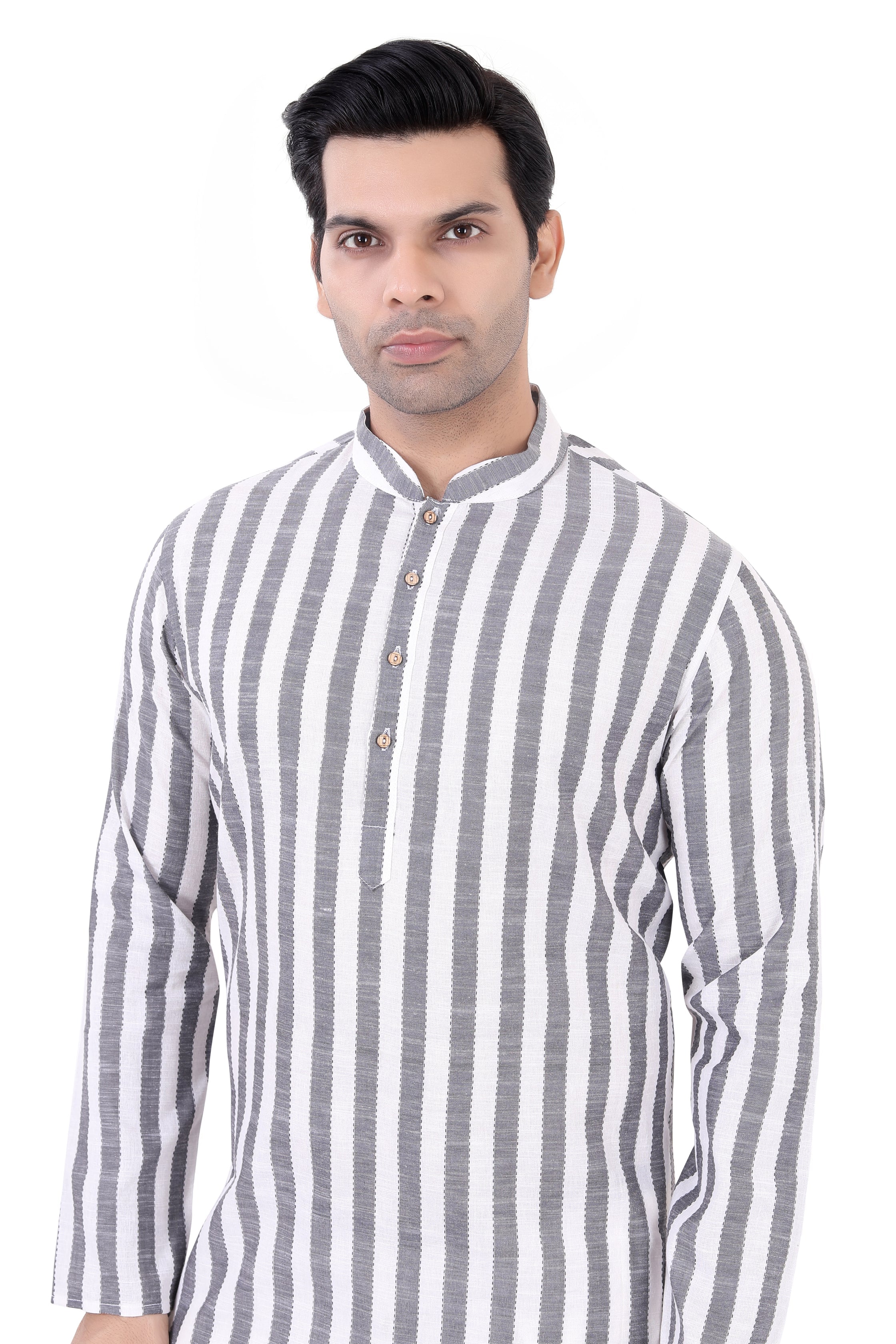 Cotton Short Kurta in White Striped Fabric