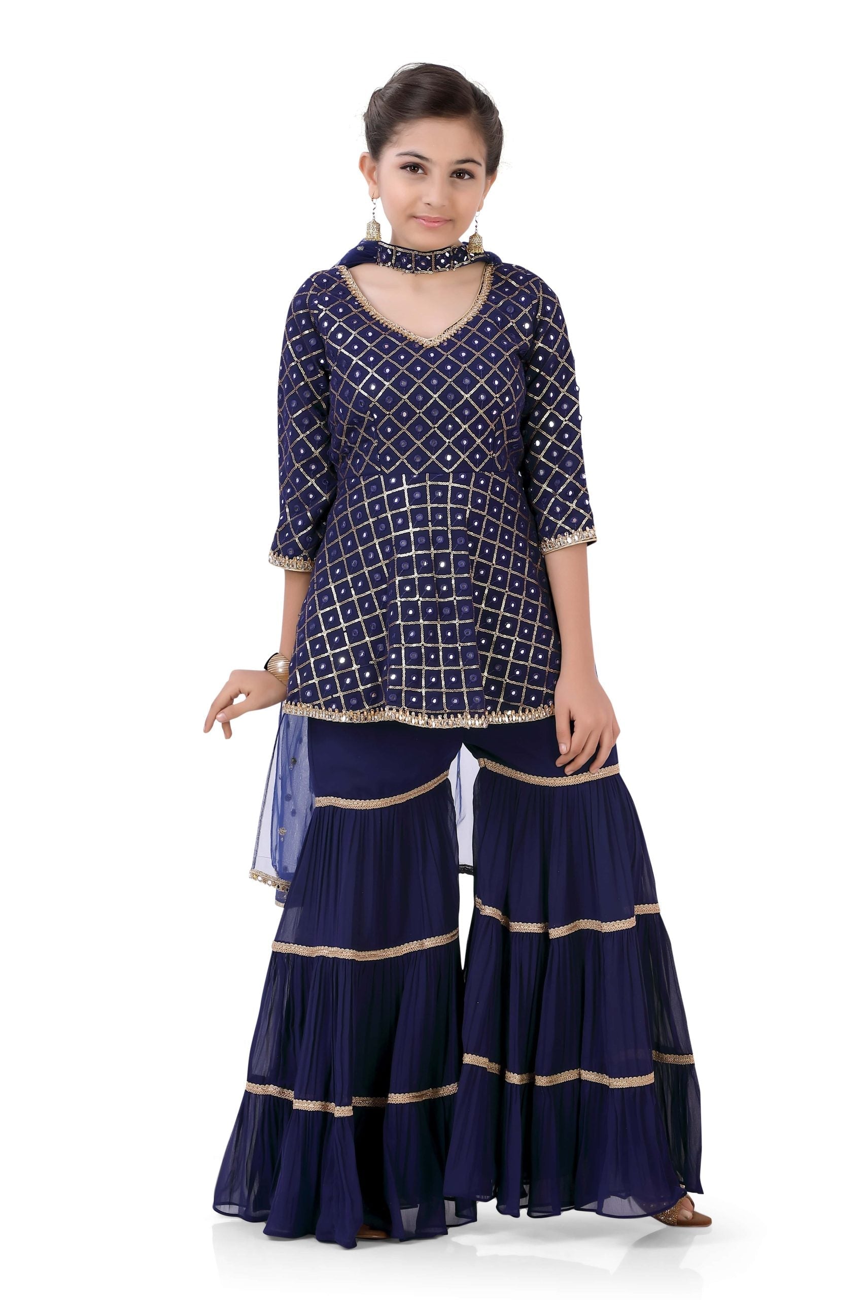 Girl's Short Anarkali with Sharara in Navy Blue Color