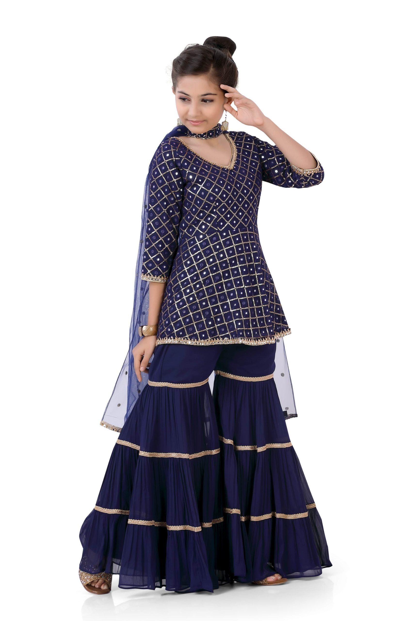 Girl's Short Anarkali with Sharara in Navy Blue Color