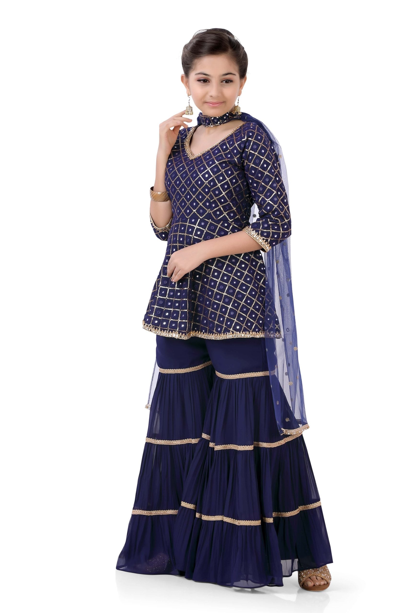 Girl's Short Anarkali with Sharara in Navy Blue Color - Premium partywear sharara from Dulhan Exclusives - Just $129! Shop now at Dulhan Exclusives