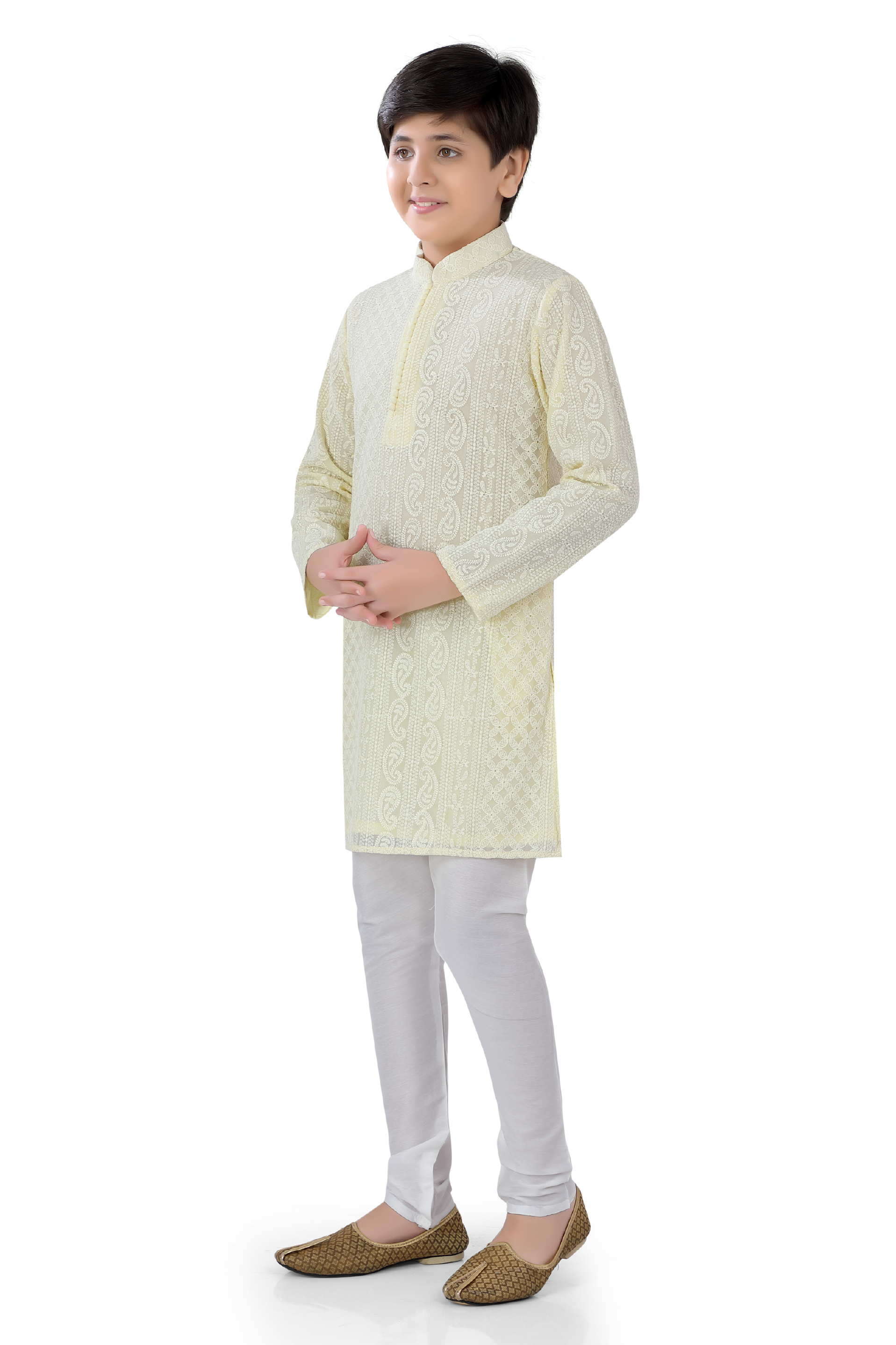 Lucknowi Chikankari Kurta Set for boys in lemon