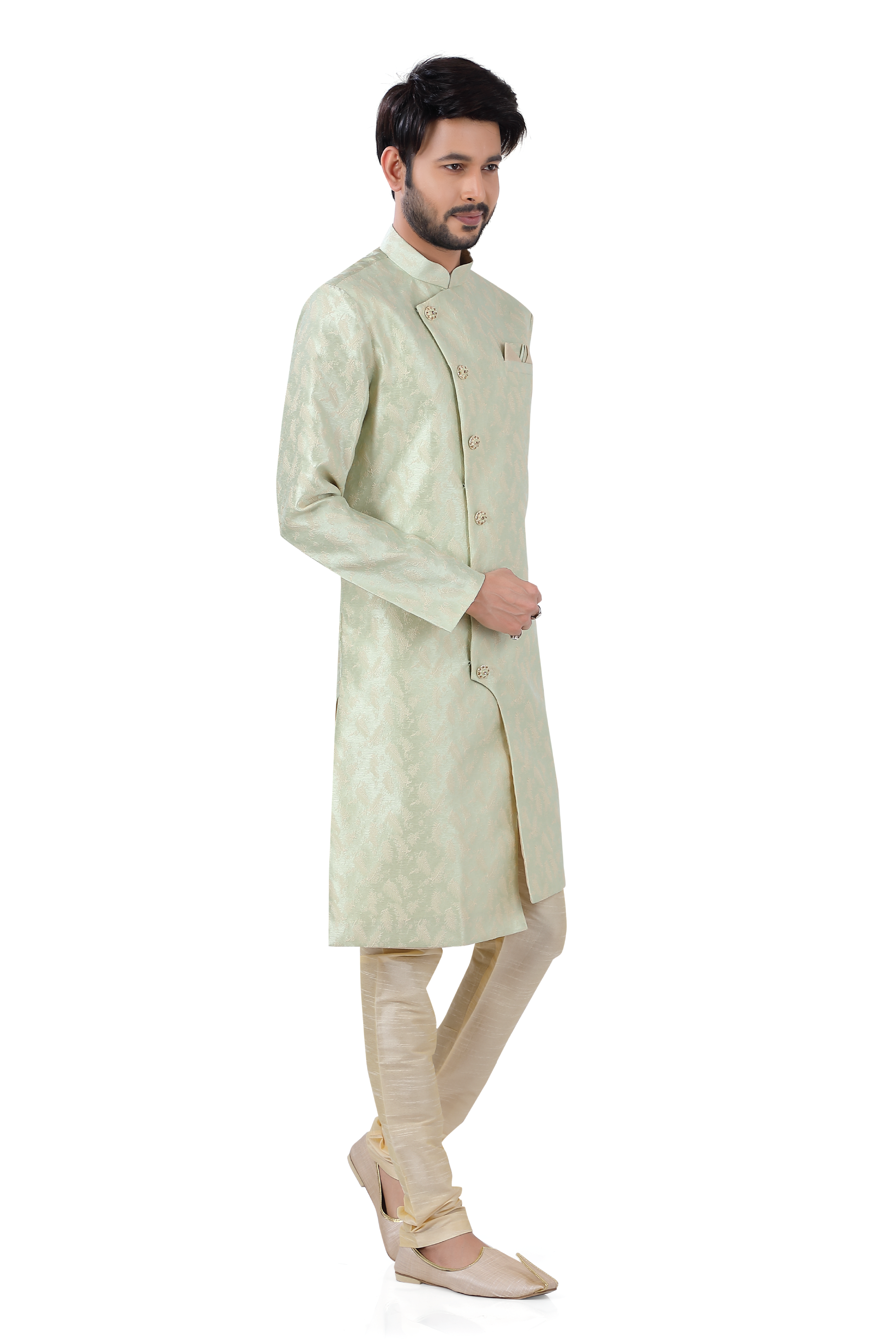 Soft Banarasi Silk 2 pieces Indo Western Sherwani in pista green