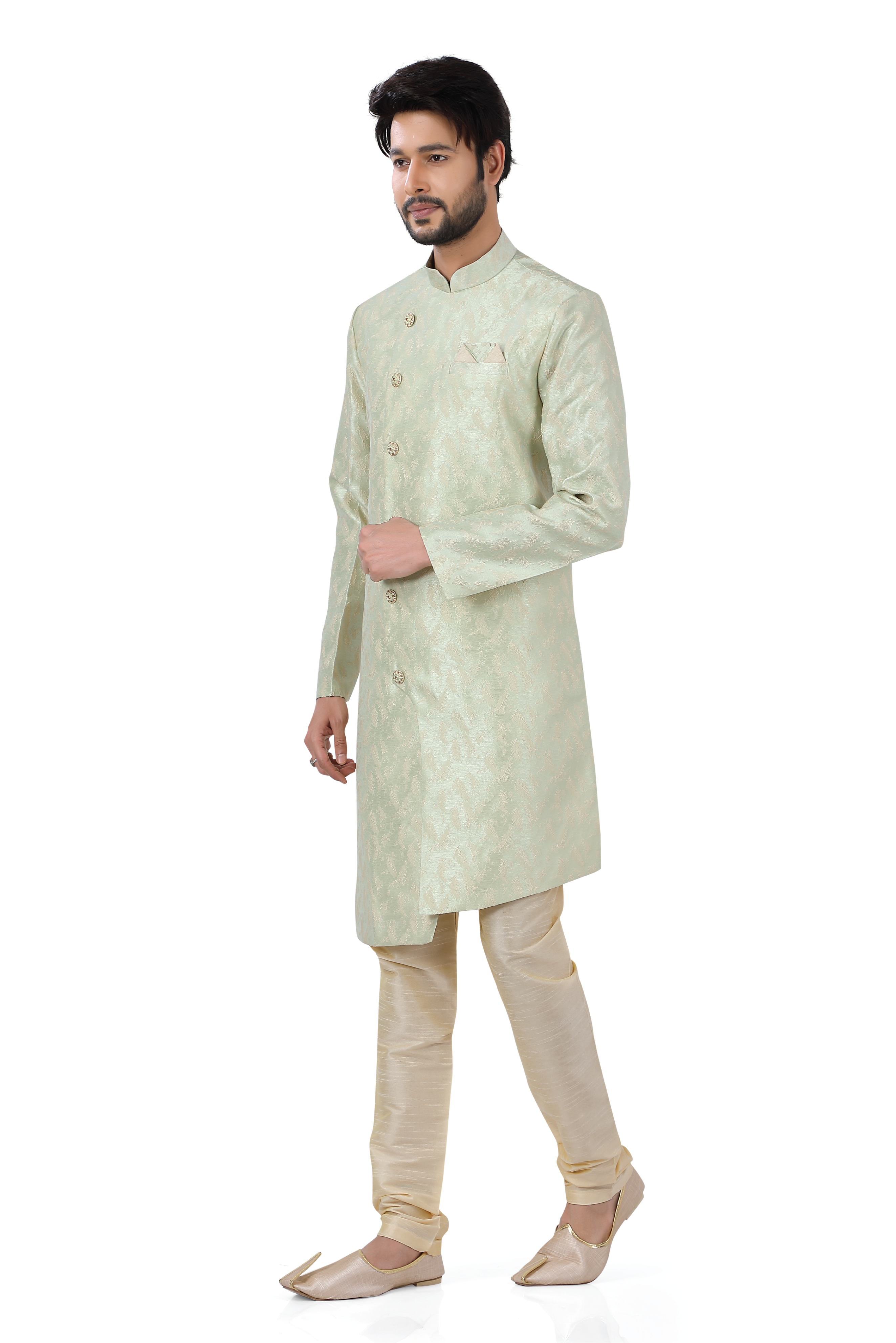 Soft Banarasi Silk 2 pieces Indo Western Sherwani in pista green