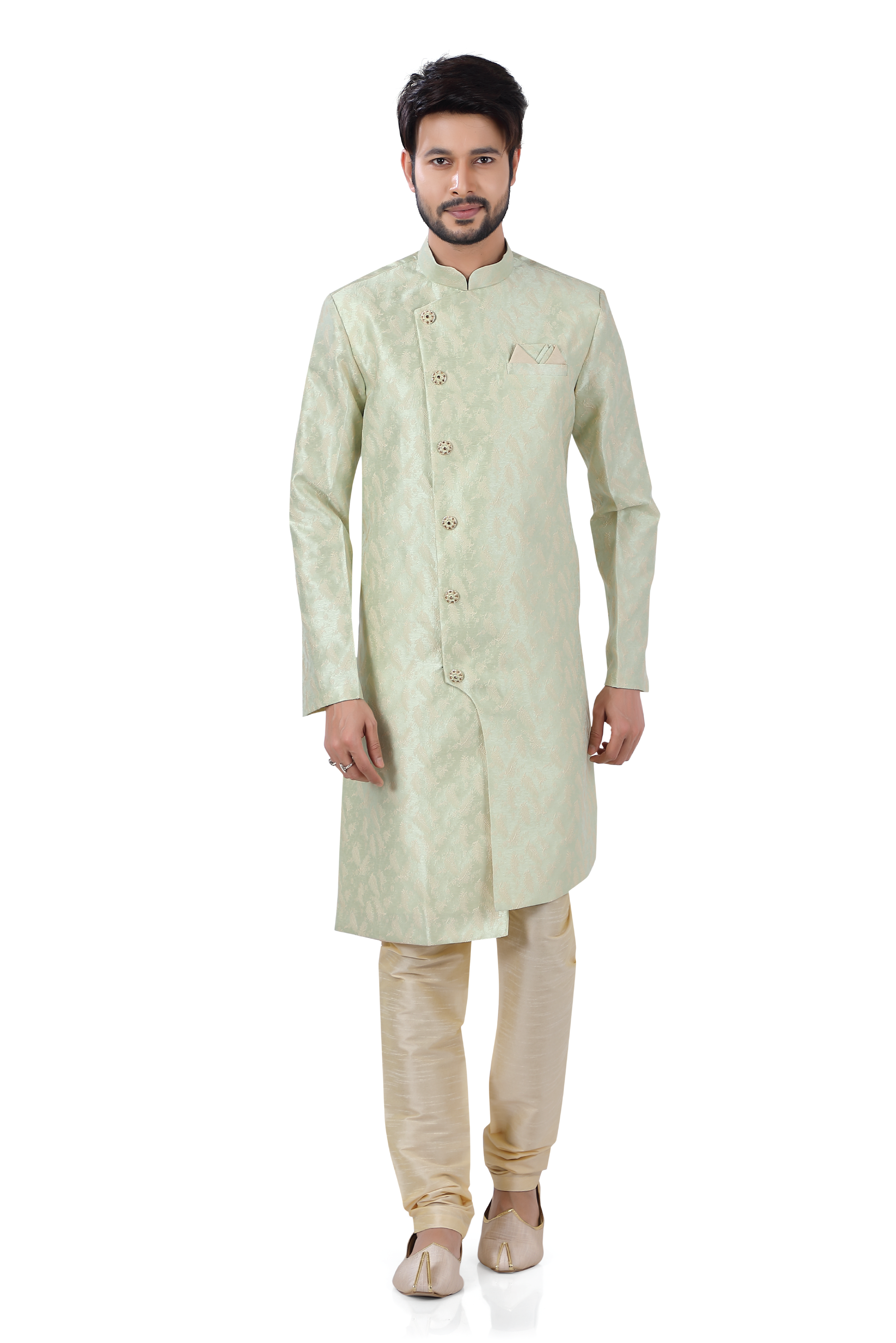 Soft Banarasi Silk 2 pieces Indo Western Sherwani in pista green