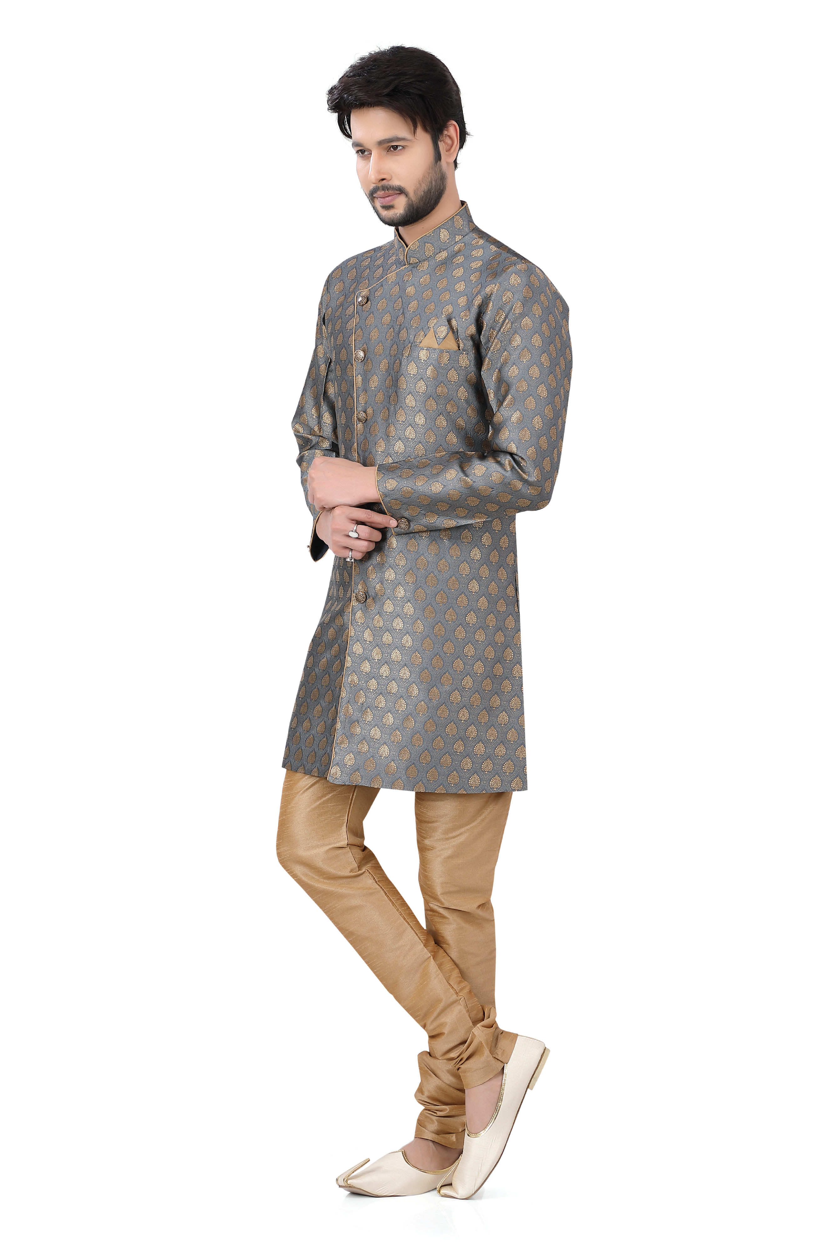 Grey Soft Banarasi Silk Indo Western Sherwani - MOHJ32