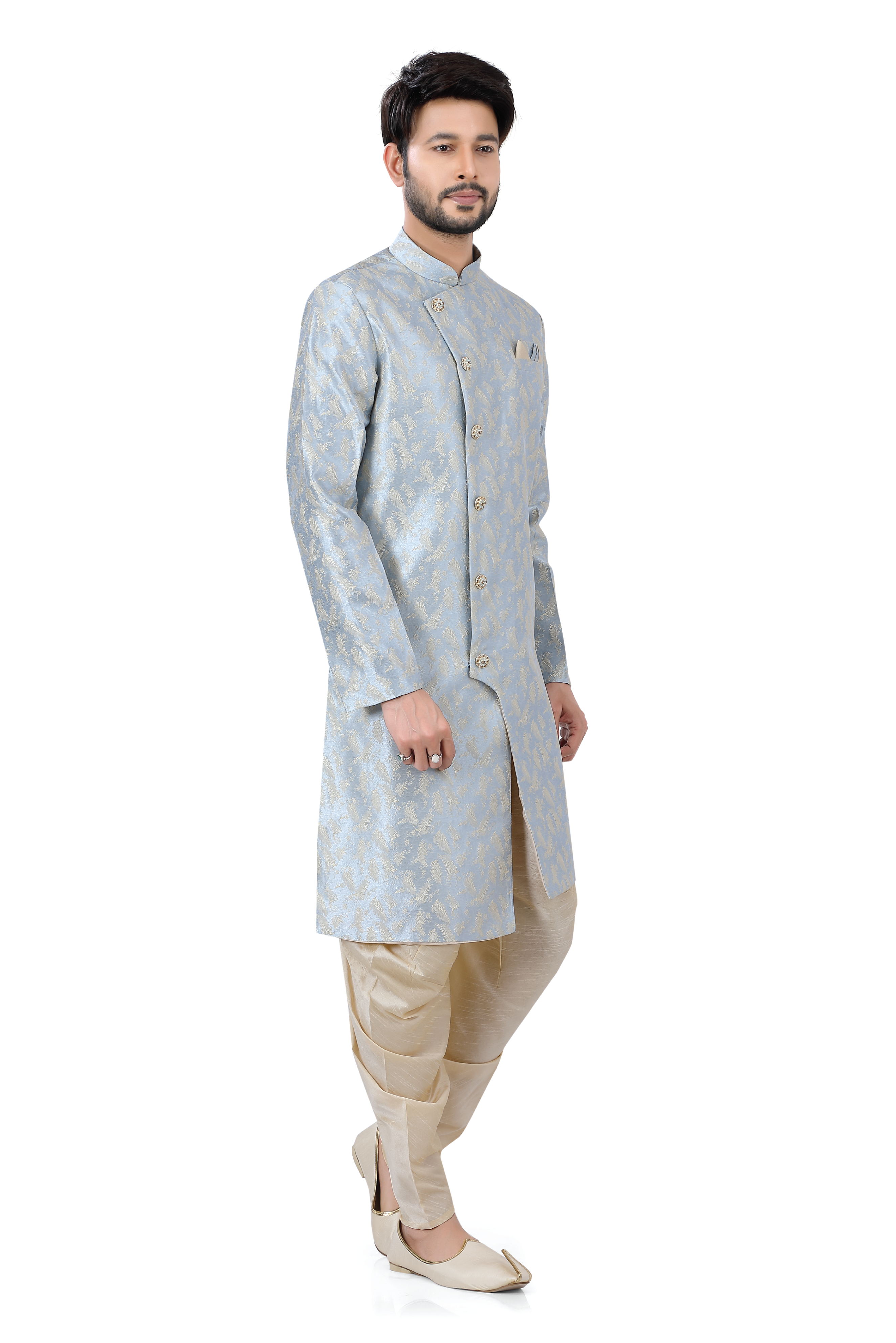 Soft Banarasi Silk 2 pieces Indo Western Sherwani in powder blue