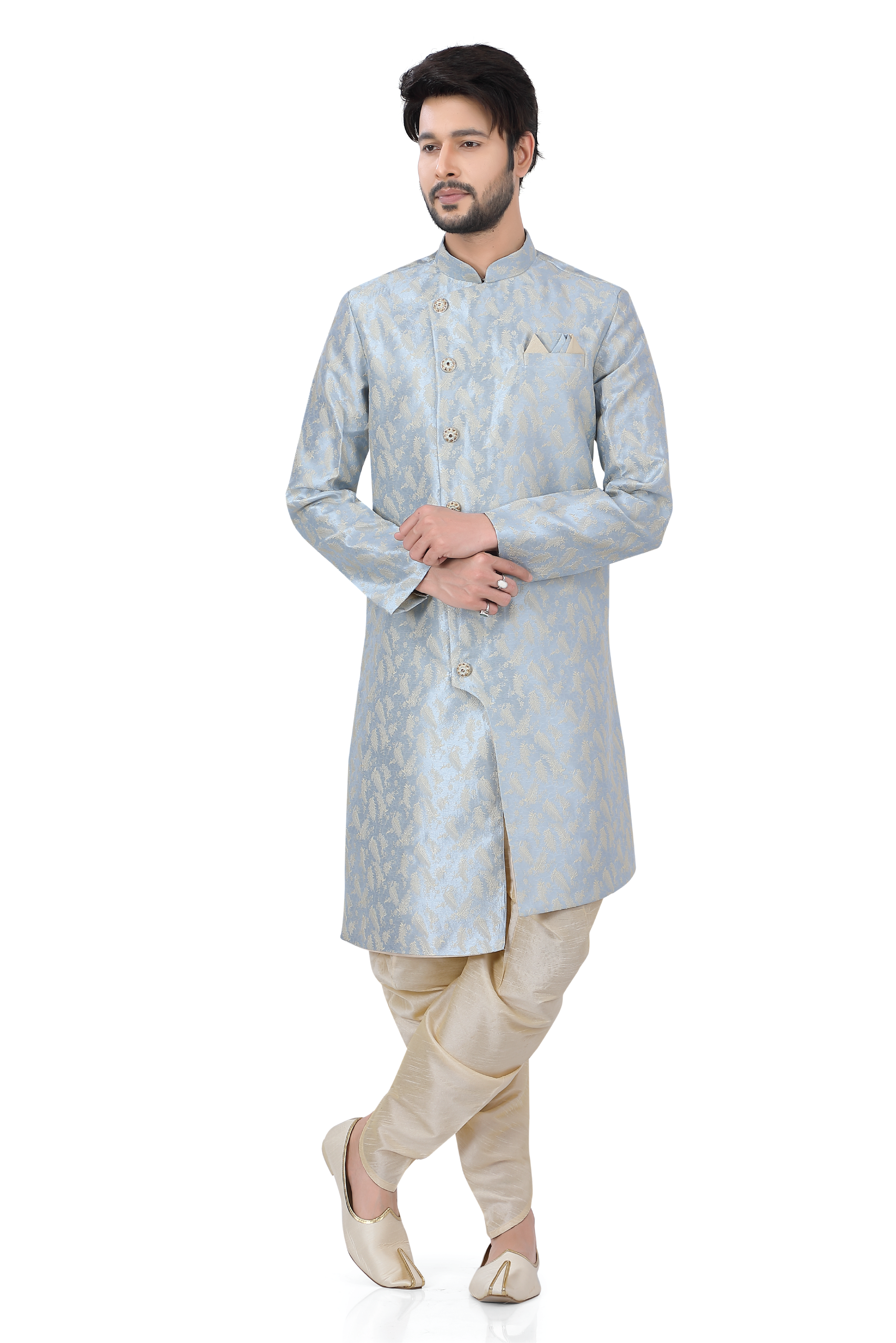 Soft Banarasi Silk 2 pieces Indo Western Sherwani in powder blue