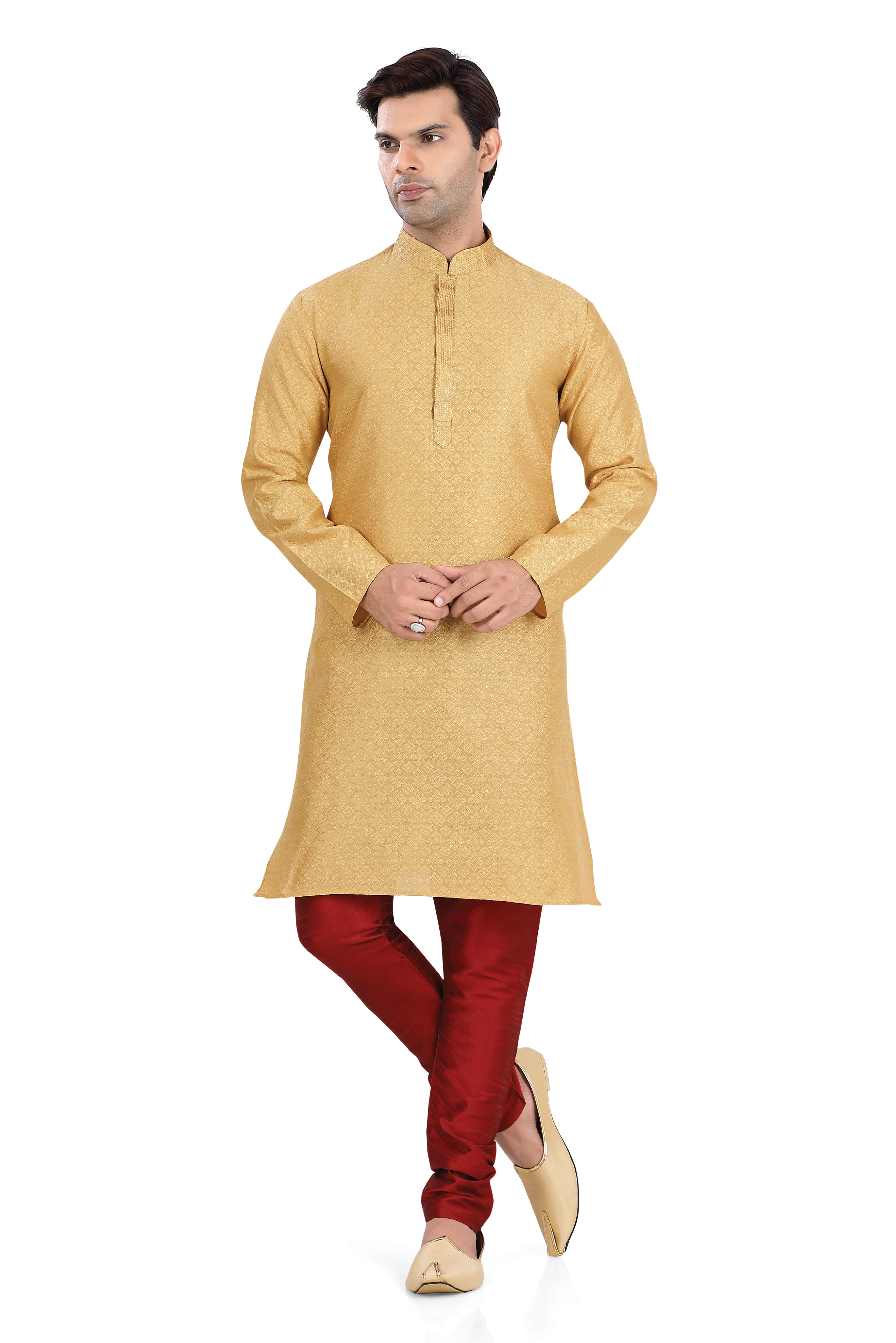 Embossed Print Kurta Pajama in Gold Color