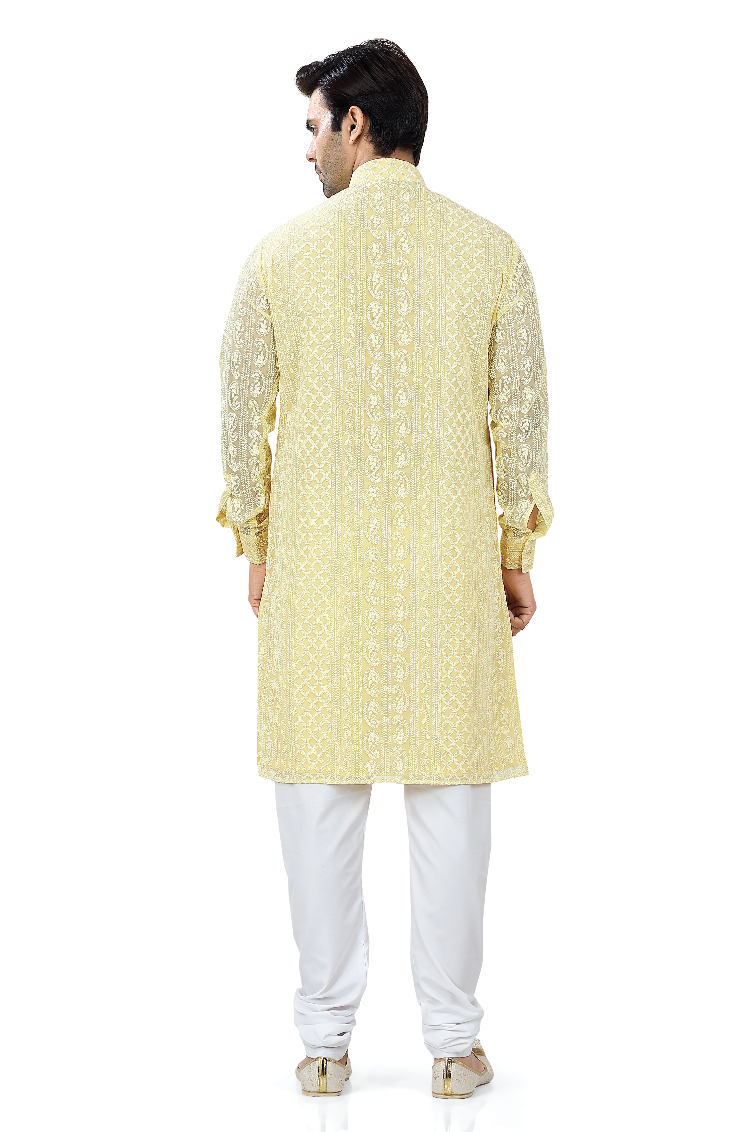 Lucknowi Chikankari Kurta Pajama Set in Yellow Color