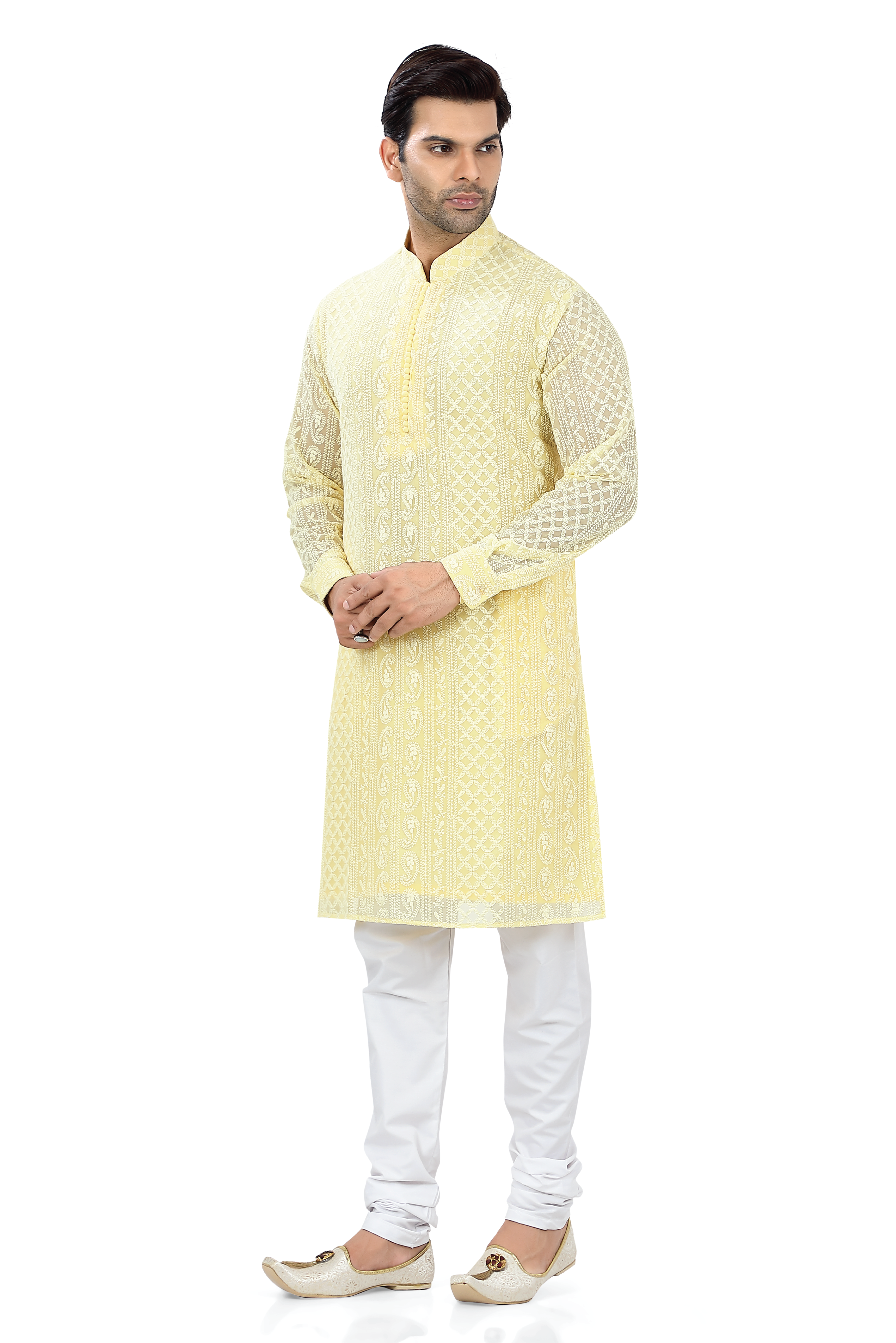 Lucknowi Chikankari Kurta Pajama Set in Yellow Color