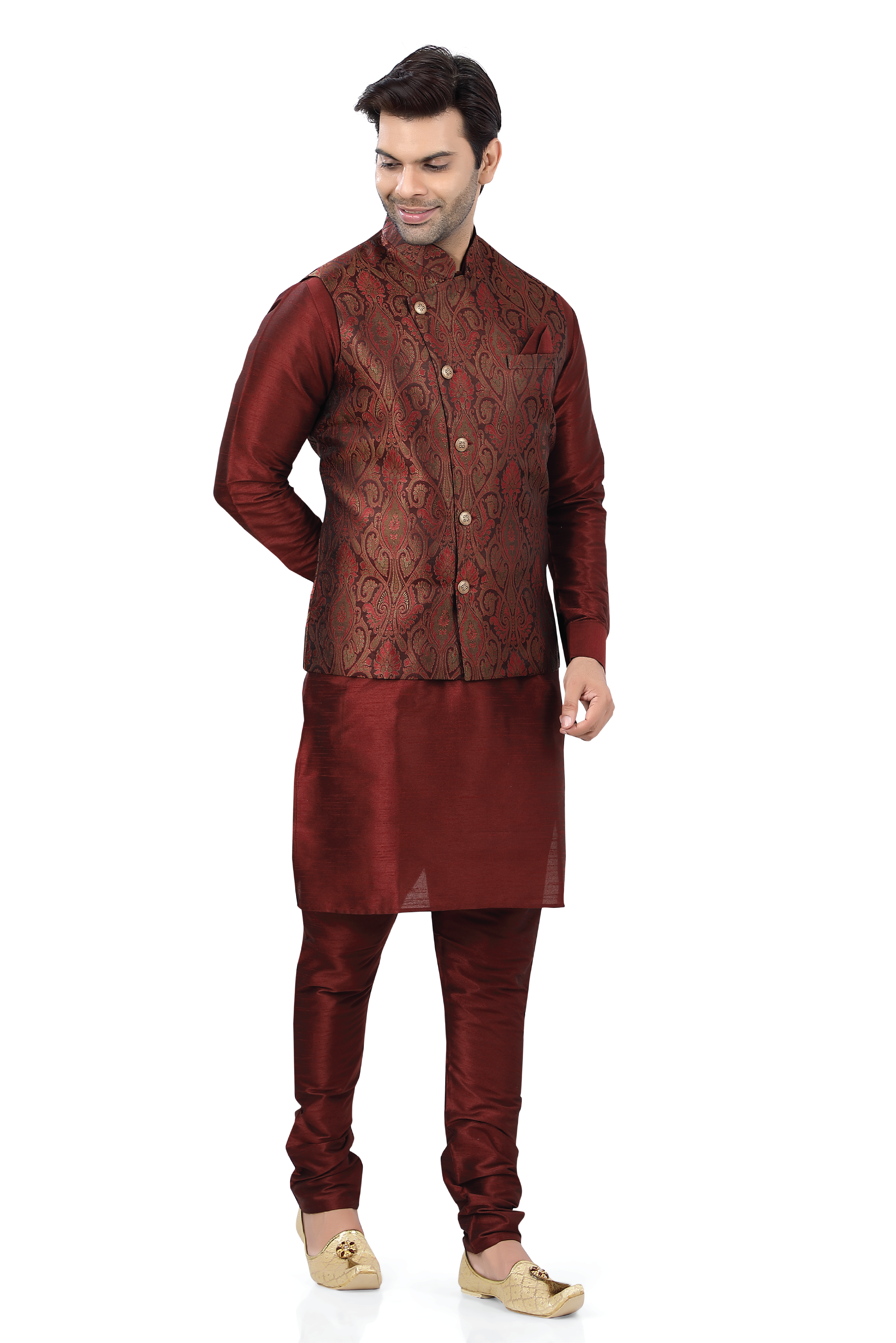 Kimkhab Maroon Jamawar Waistcoat With Kurta Pajama D No SK-106