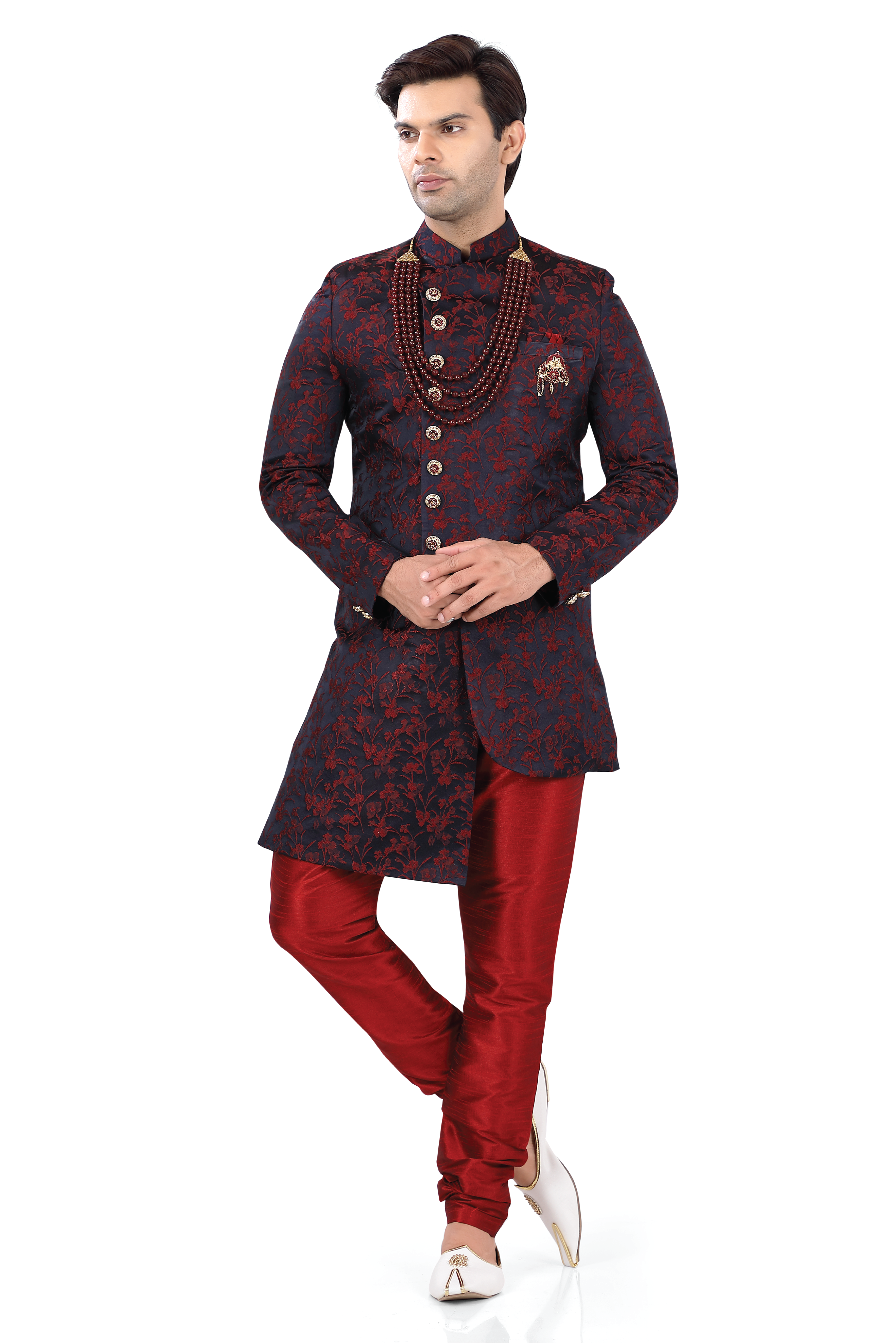 Jacquard Woven Embroidered Sherwani in Maroon Color - 3061