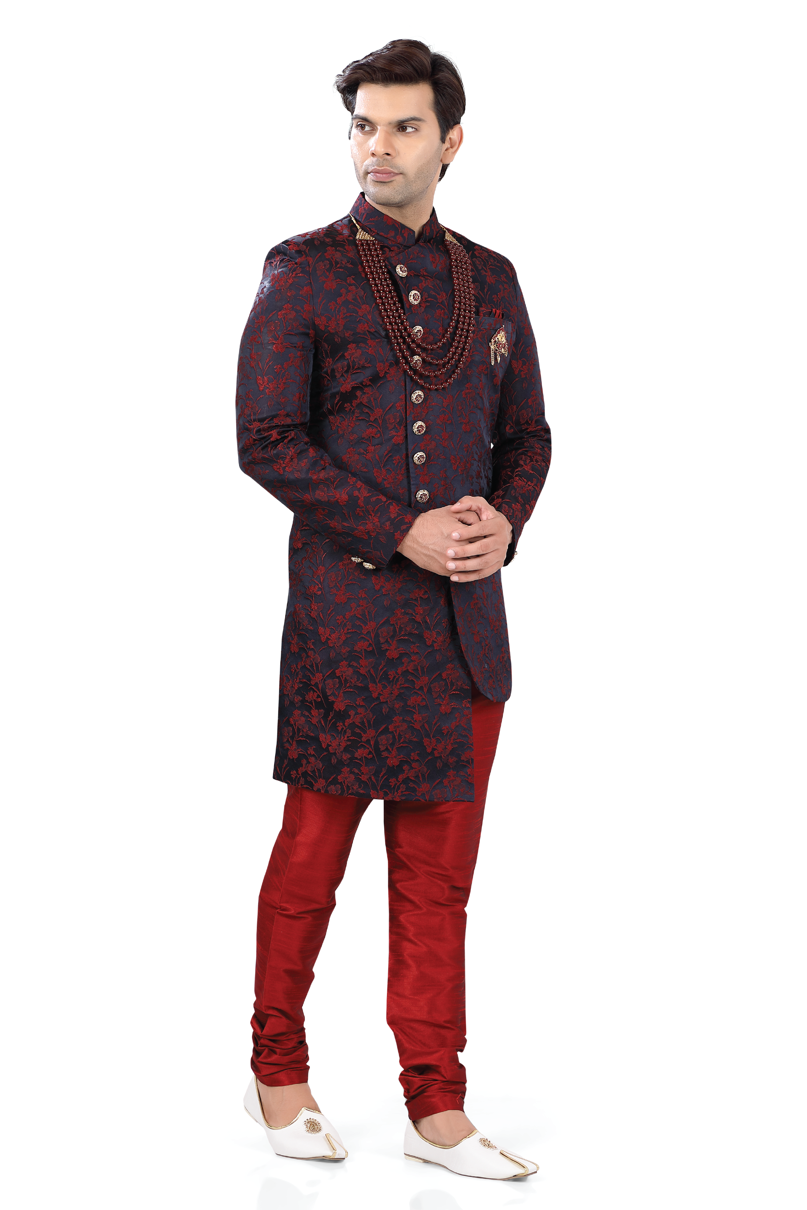 Jacquard Woven Embroidered Sherwani in Maroon Color - 3061