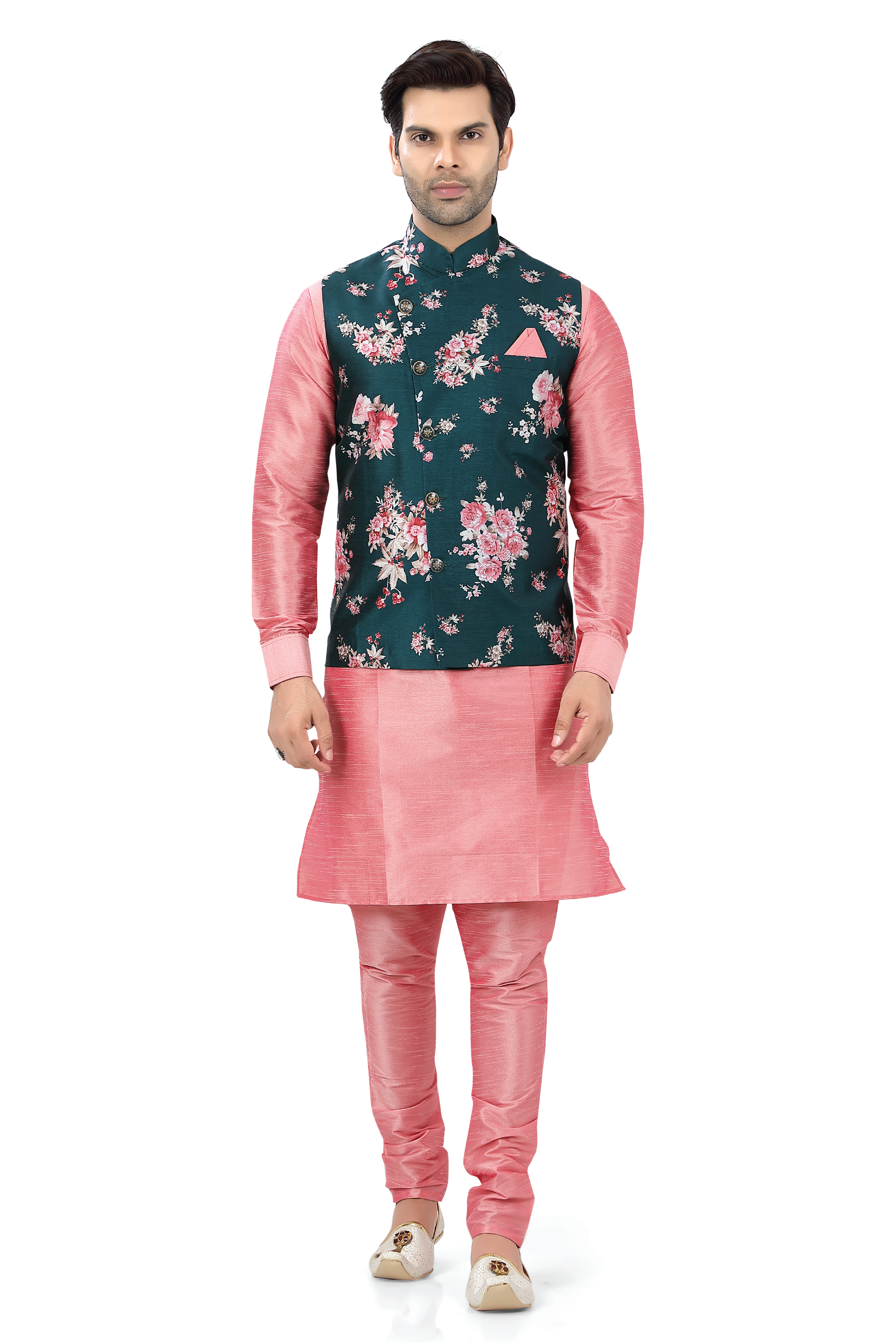 Floral Bottle Green Vest coat with Dupion Silk Kurta Pajama D NO SU-132