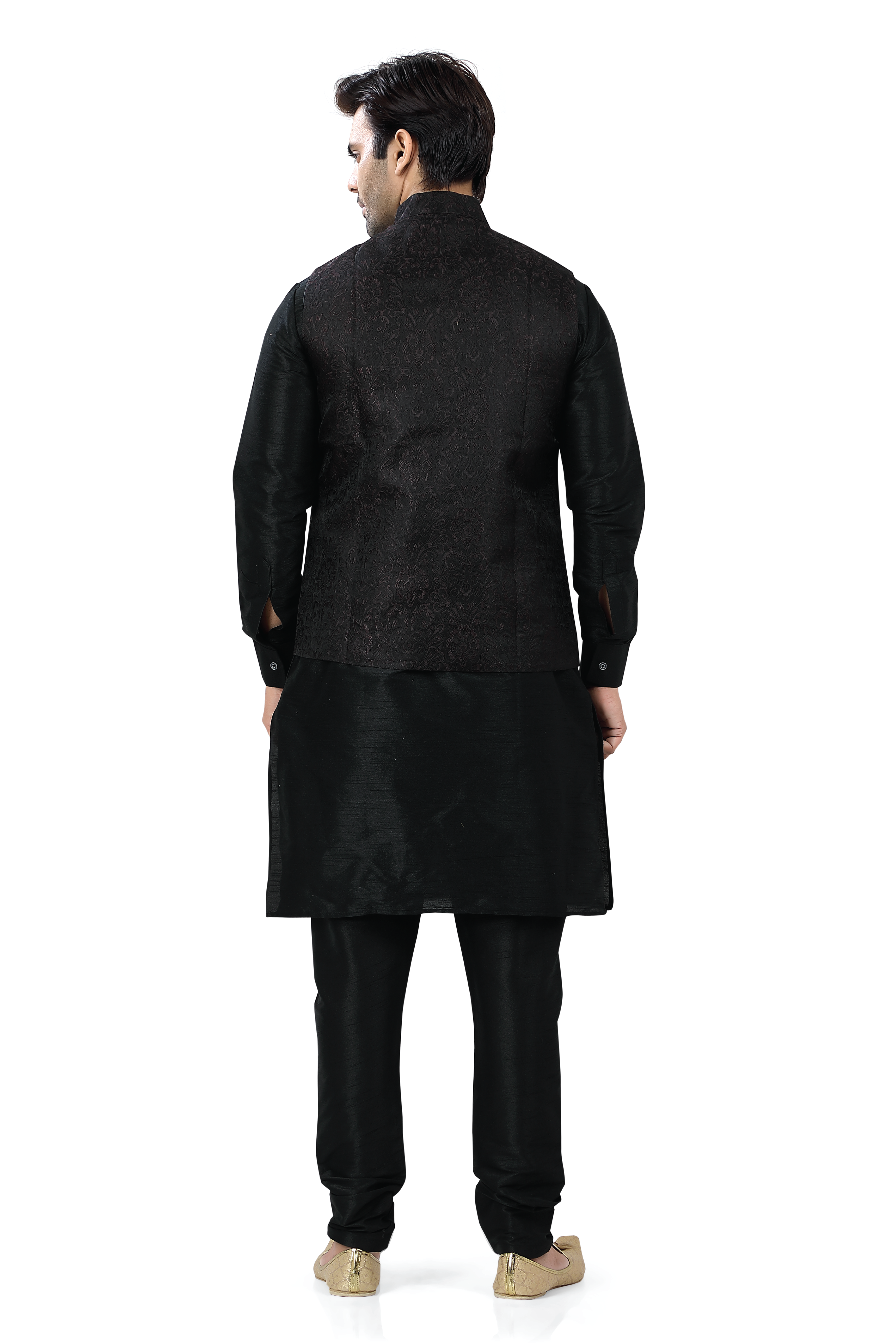 Black Jamevaram Vest Coat with Black Kurta Pajama