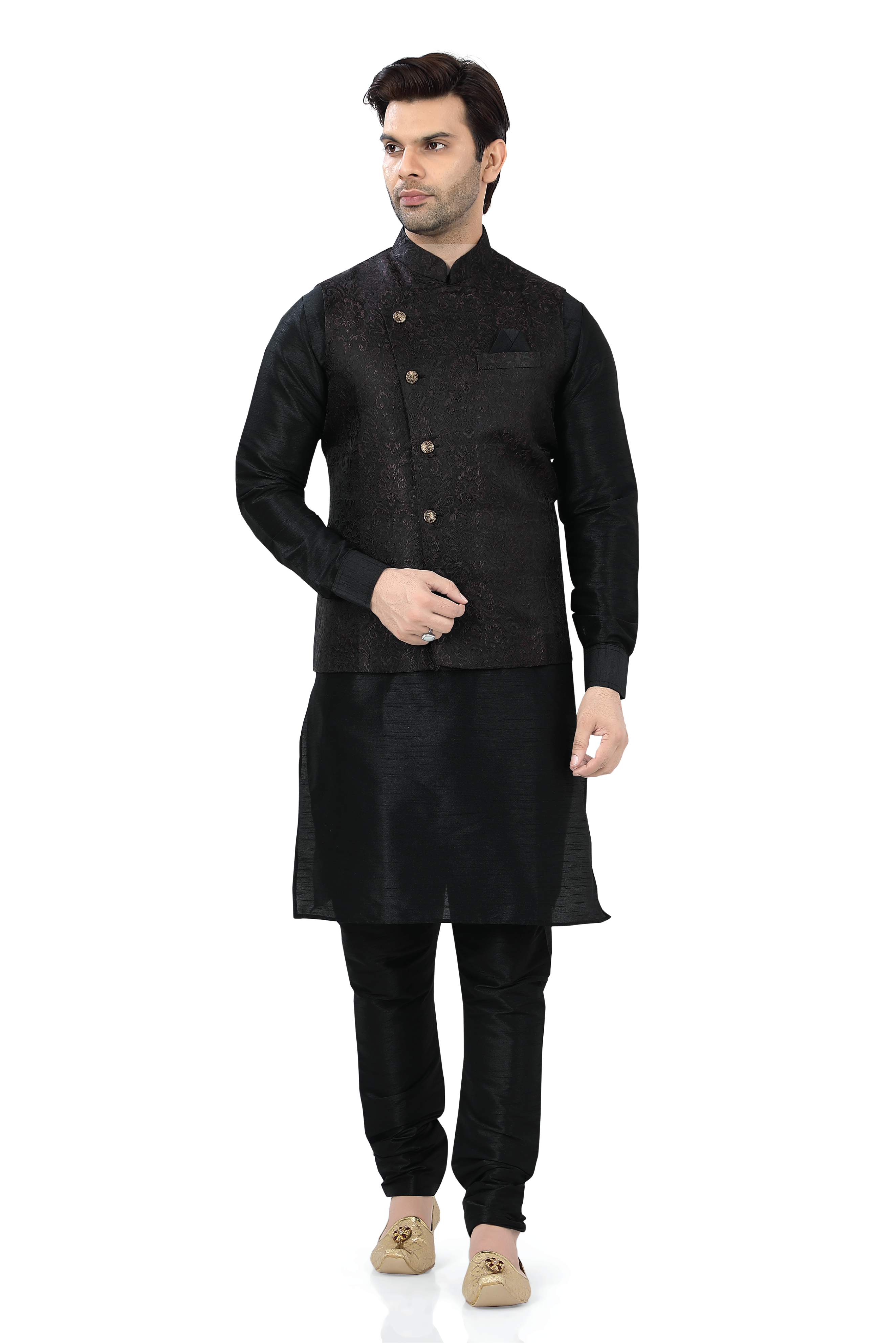 Black Jamevaram Vest Coat with Black Kurta Pajama