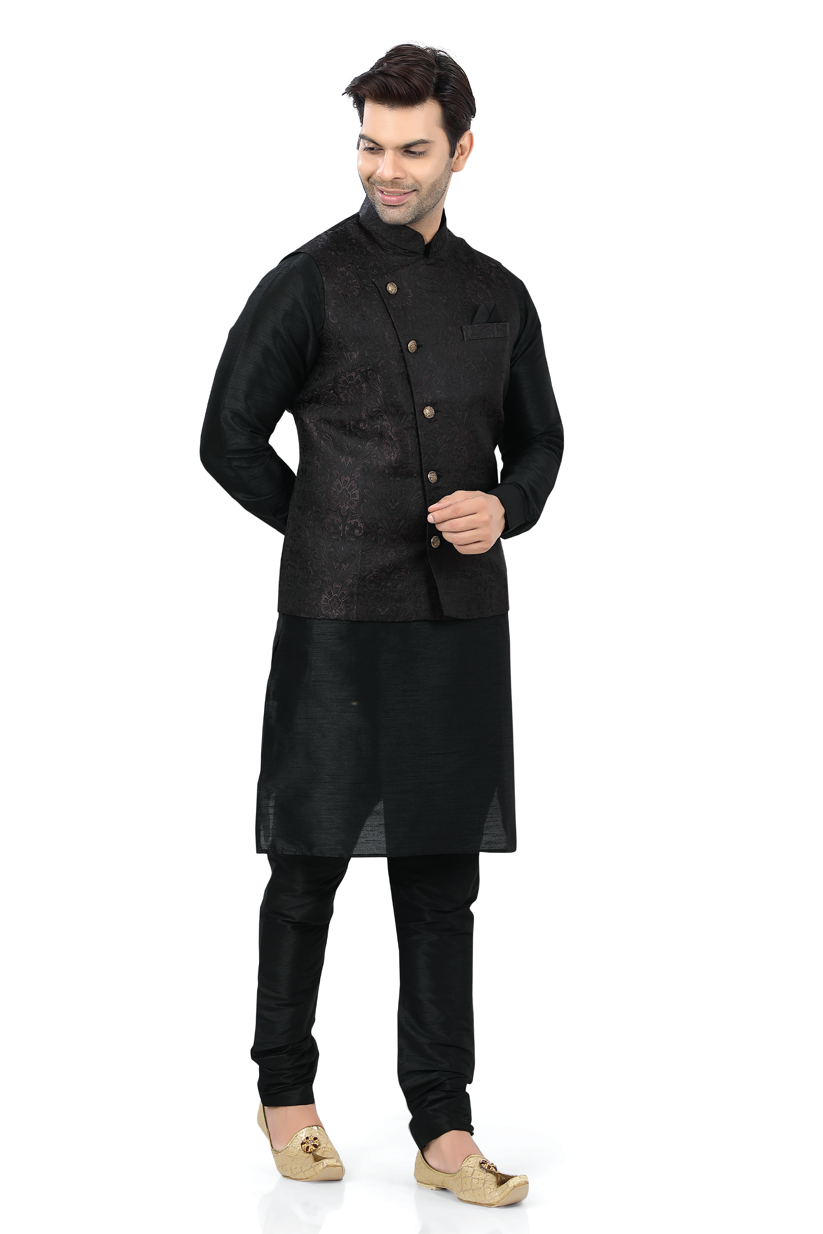 Black Jamevaram Vest Coat with Black Kurta Pajama