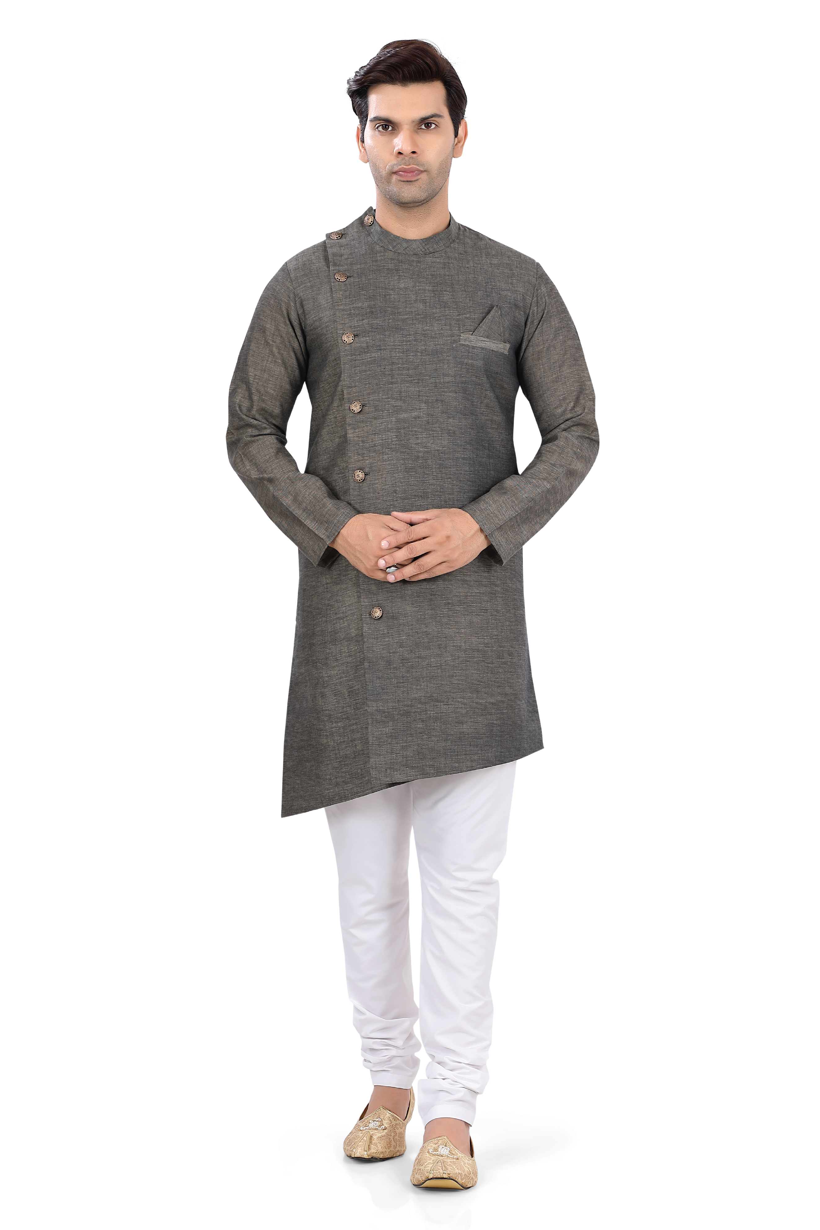 Asymmetric Side Button Indo western in Grey Color