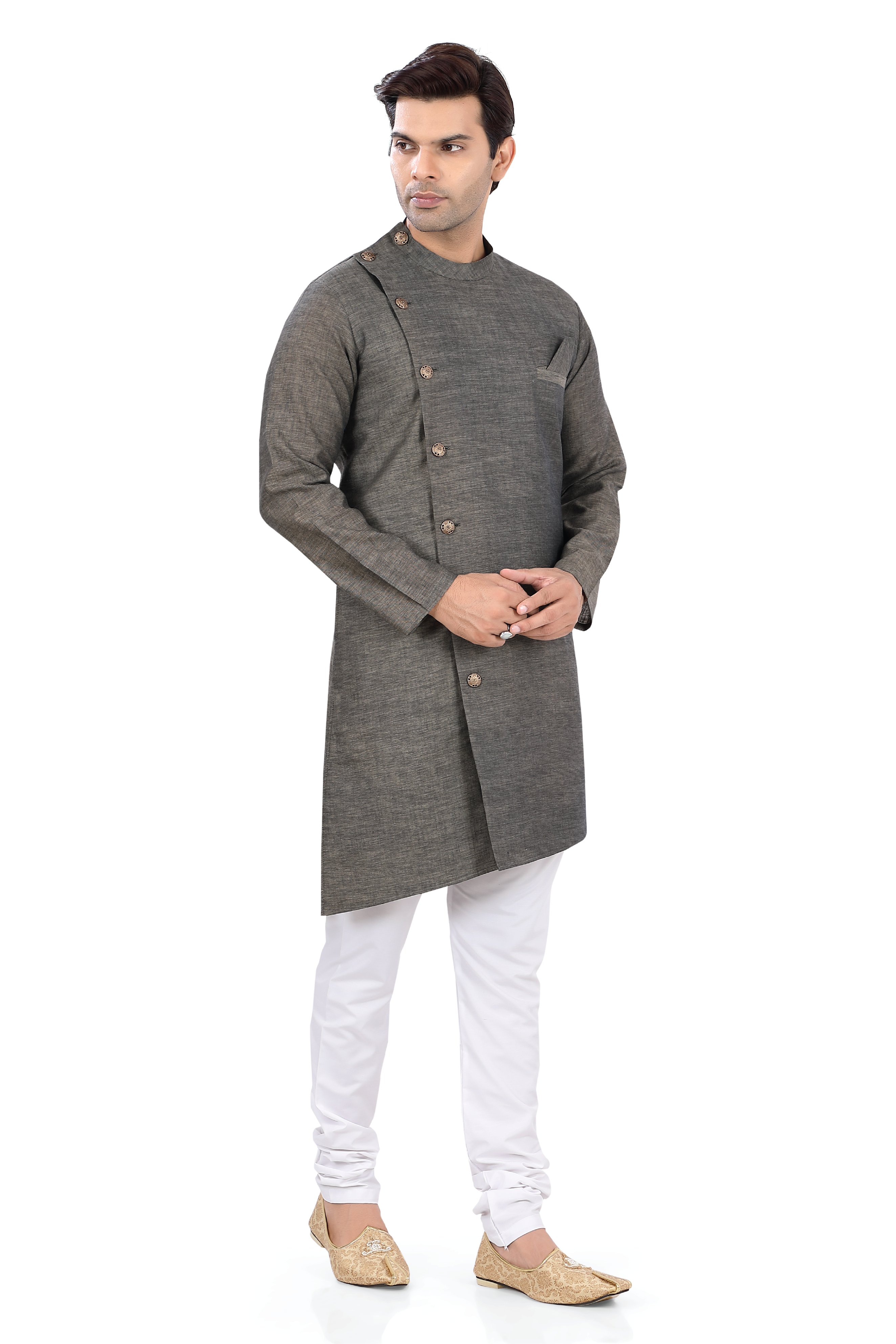 Asymmetric Side Button Indo western in Grey Color