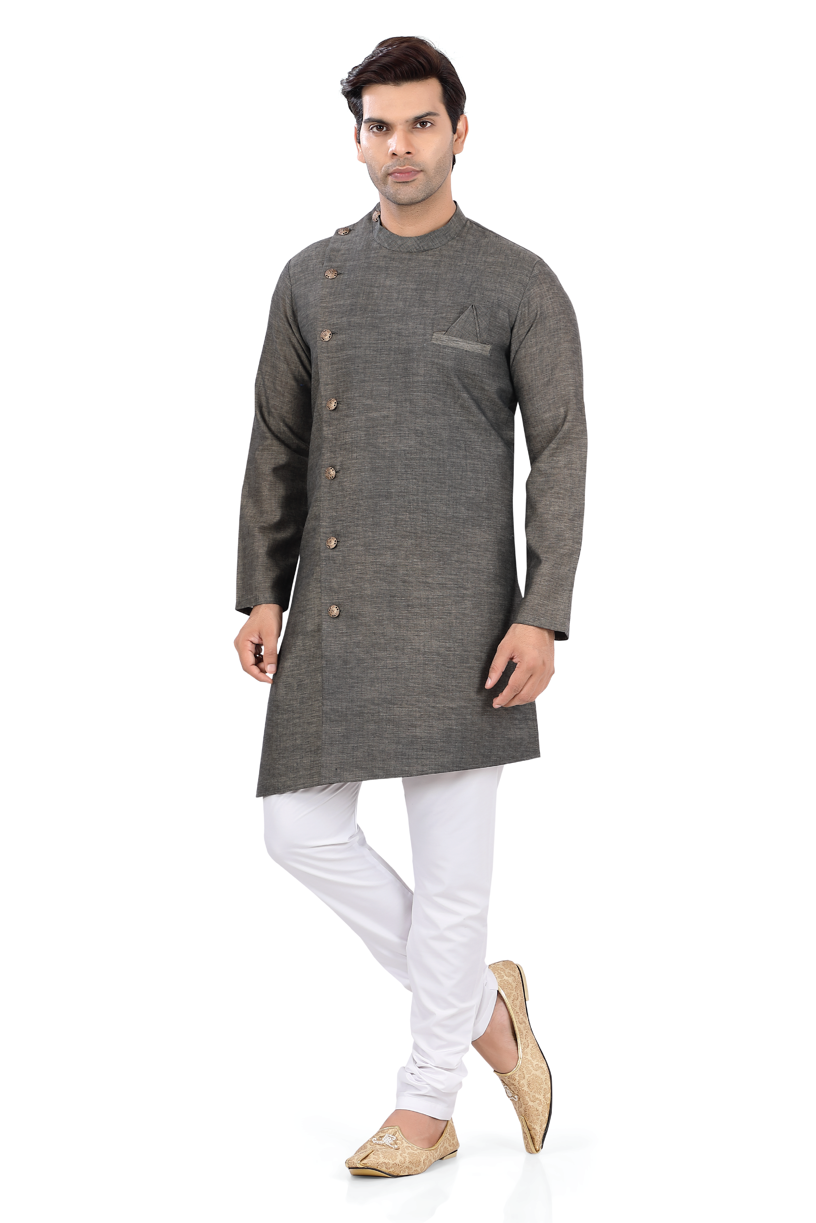 Asymmetric Side Button Indo western in Grey Color