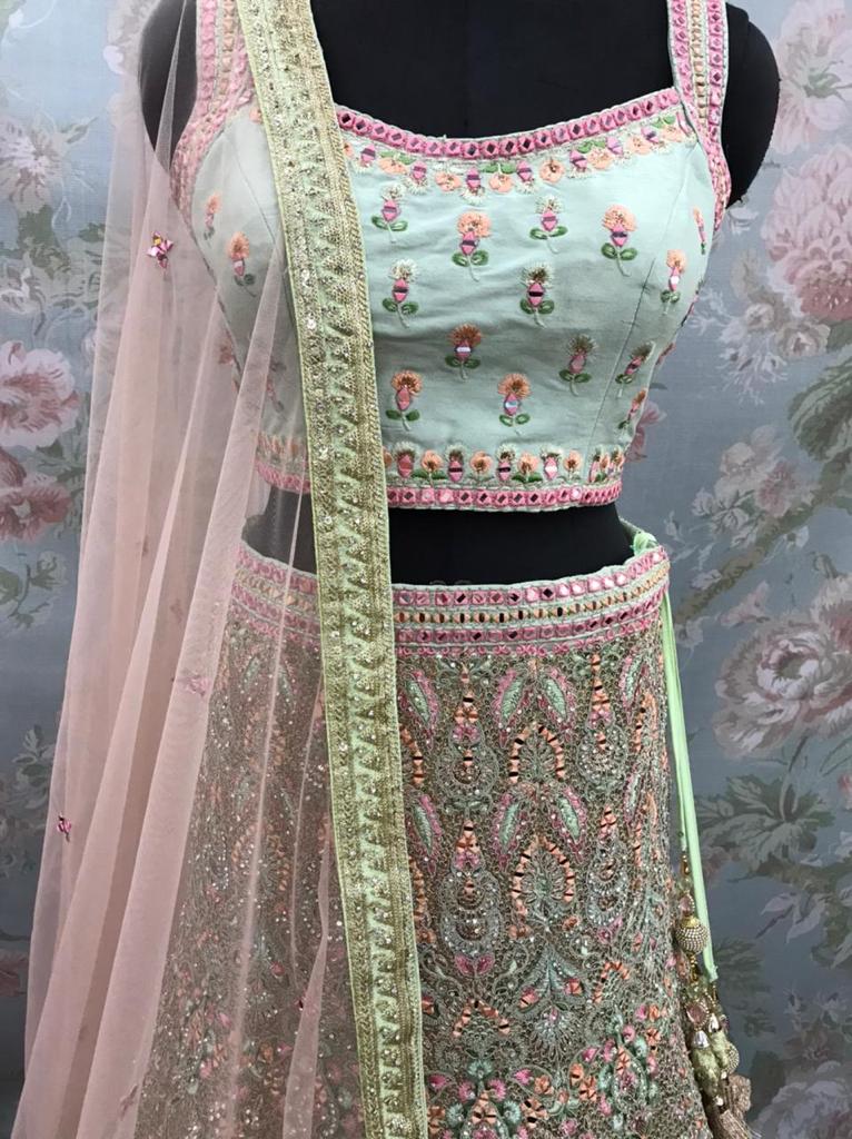 Bridal Lehenga Choli in Sage Green with multi color resham embroidery