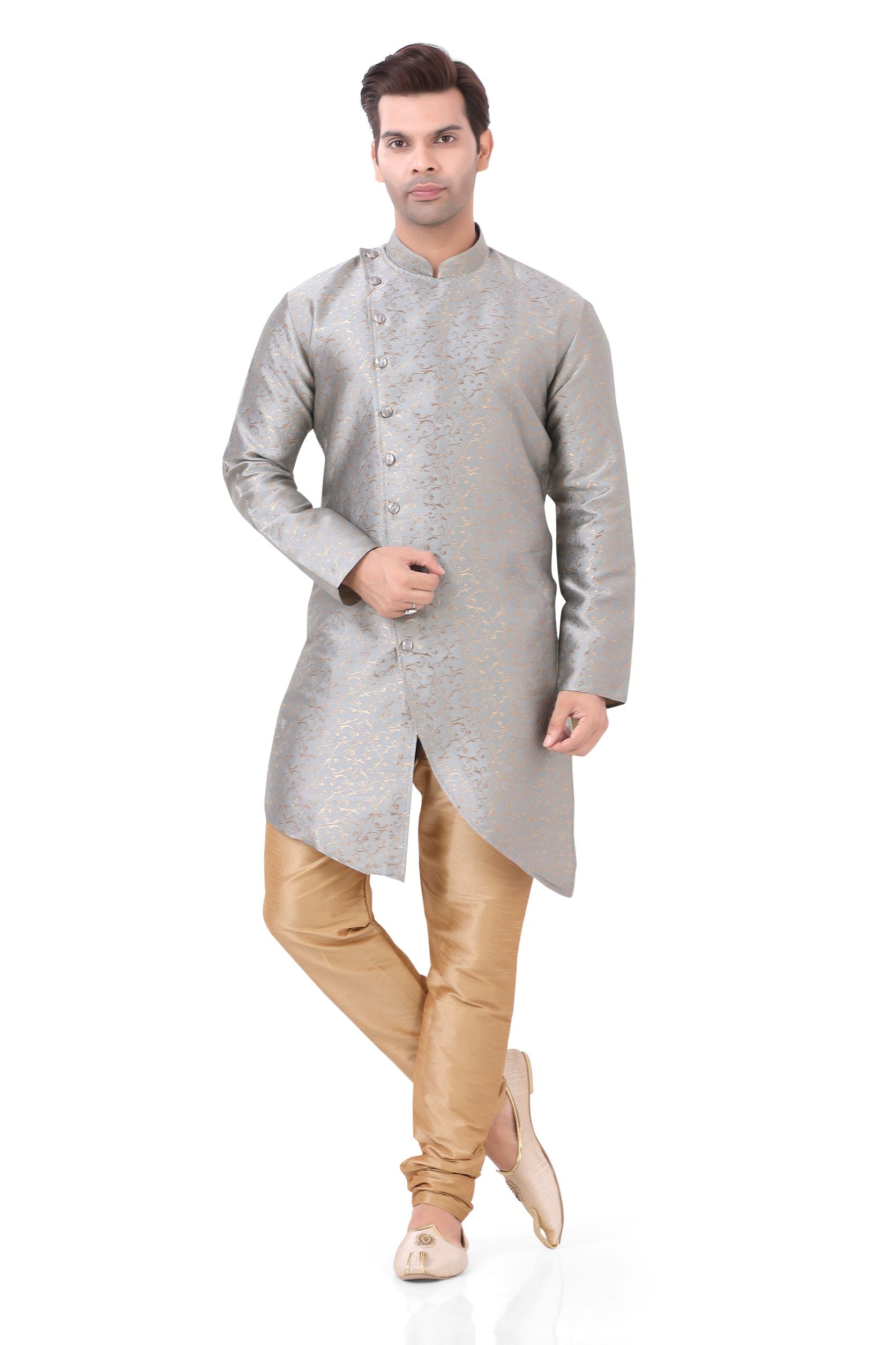 Aangrakha Style Brocade Silk Kurta in light Grey D NO GY-139
