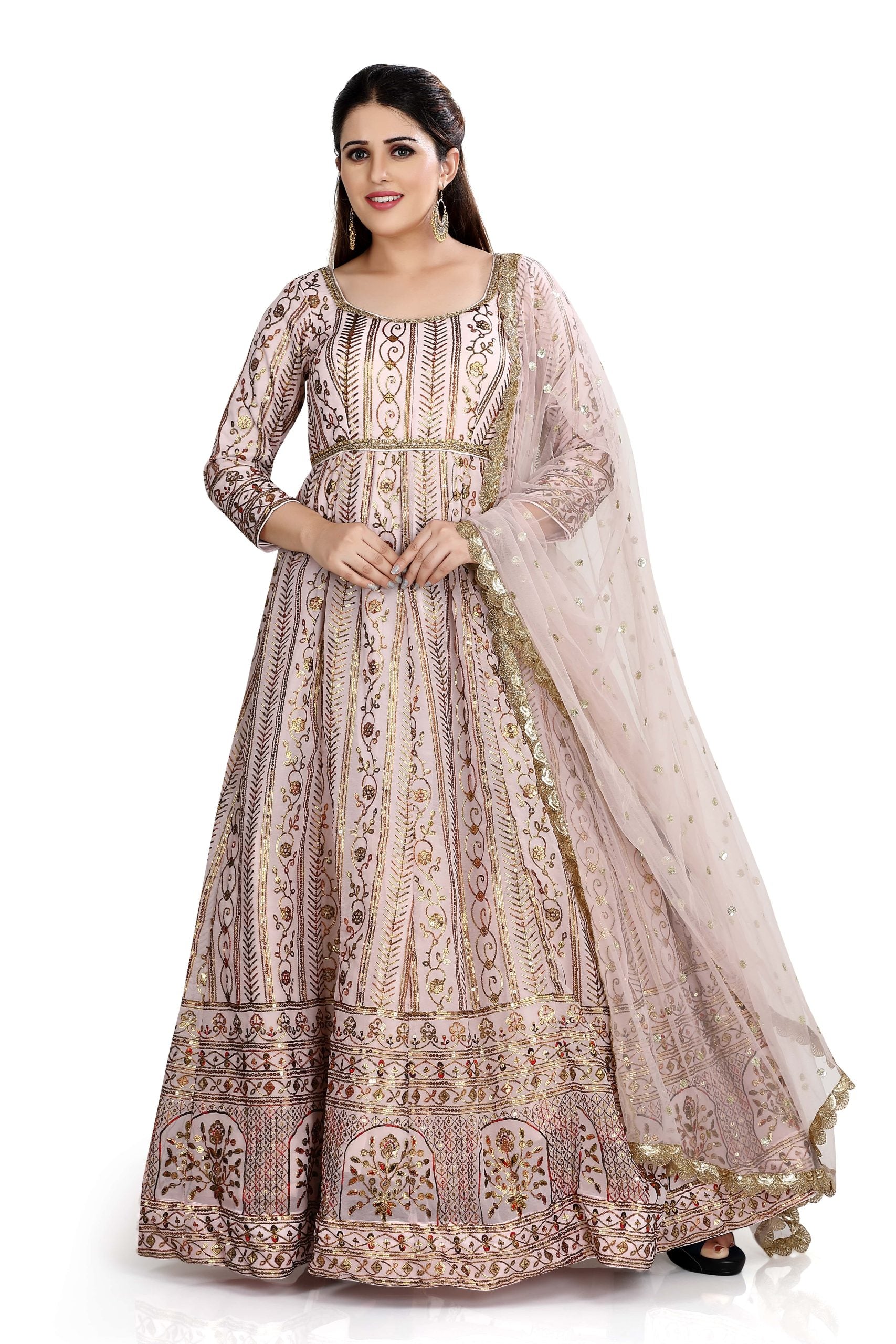 Pastel Peach Anarkali In Georgett With Sequins Work