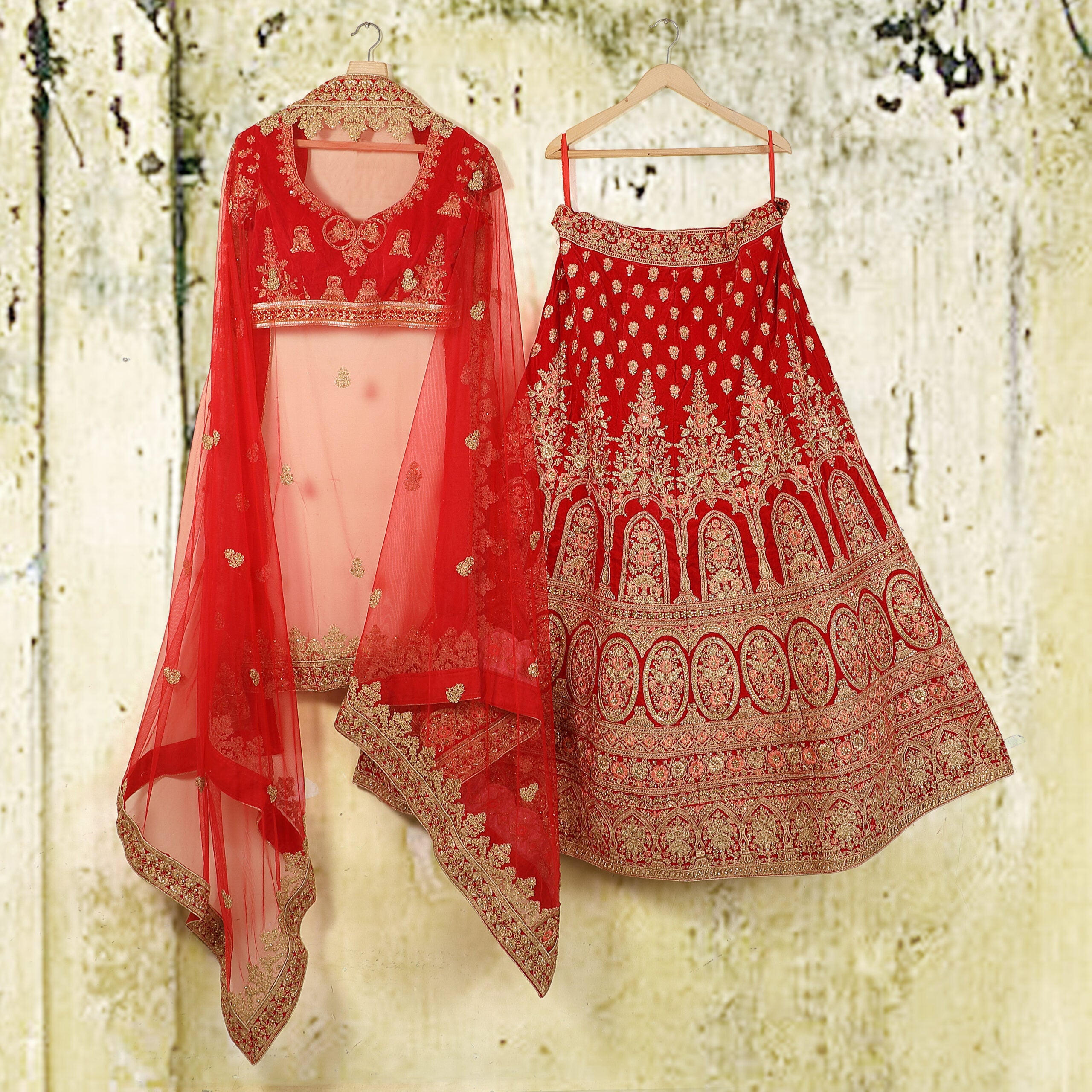 Bridal Red Velvet Lehenga Choli with Peach Embroidery  DEKP-AS-23 R-1347