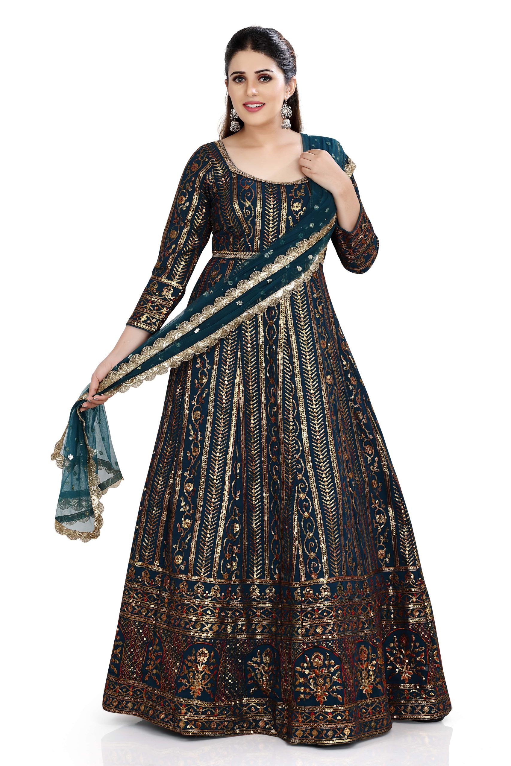 Bottle Green Aanarkali In Georgett With Sequins Work