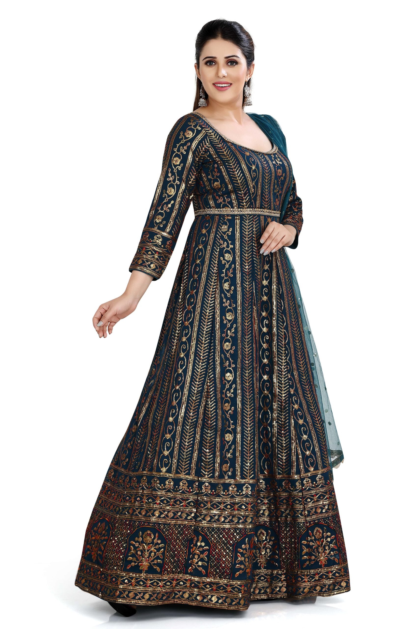 Bottle Green Aanarkali In Georgett With Sequins Work