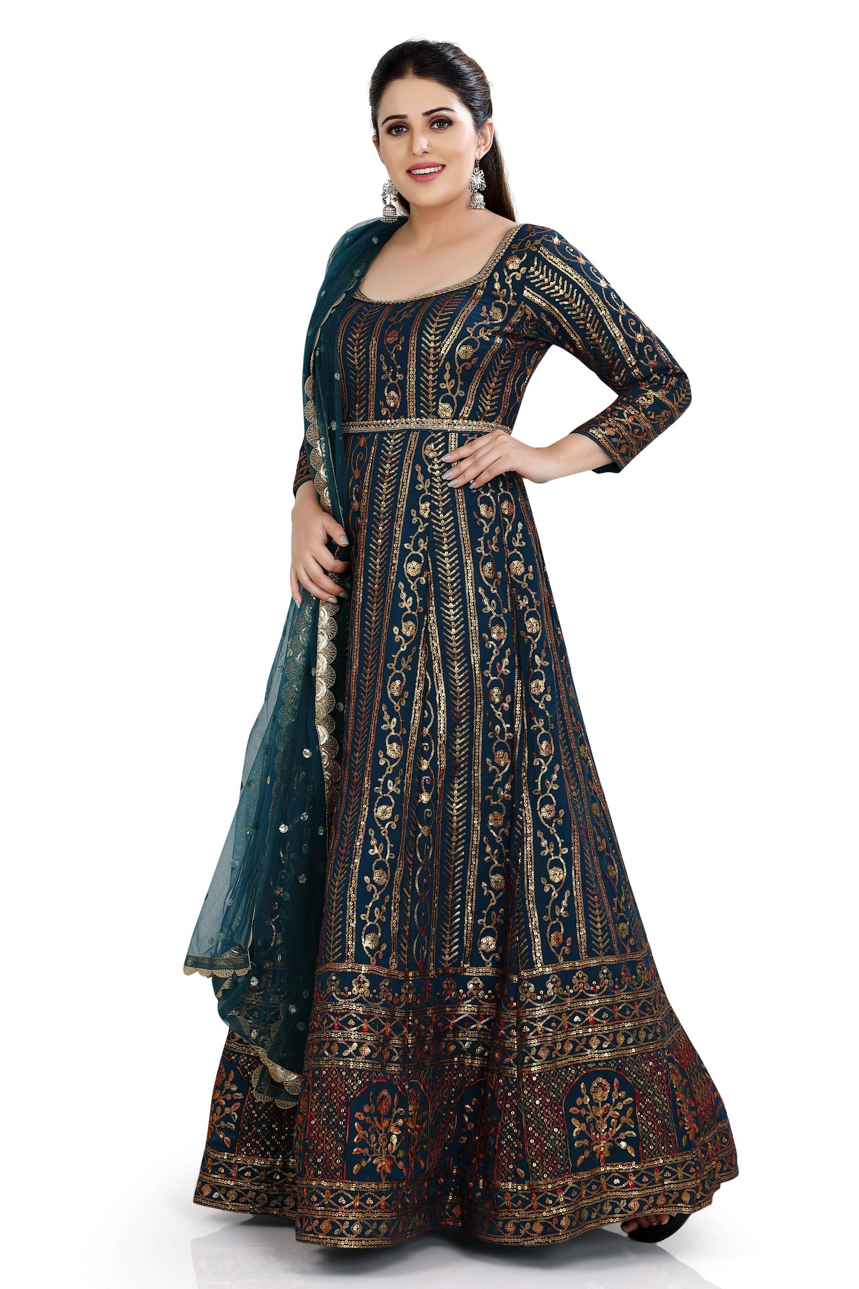 Bottle Green Aanarkali In Georgett With Sequins Work