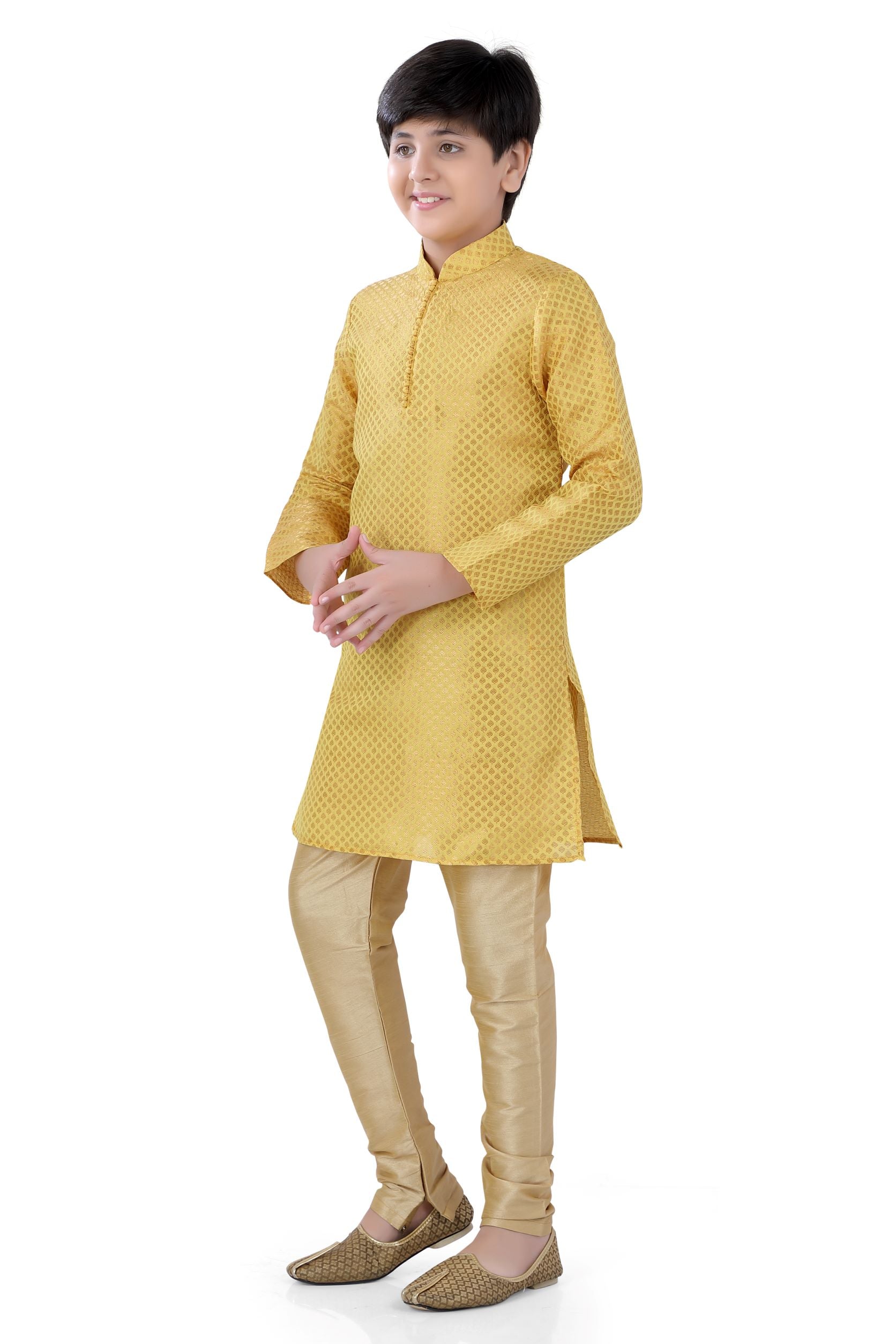 Boys Banarasi Butti Silk Dress Set in Yellow