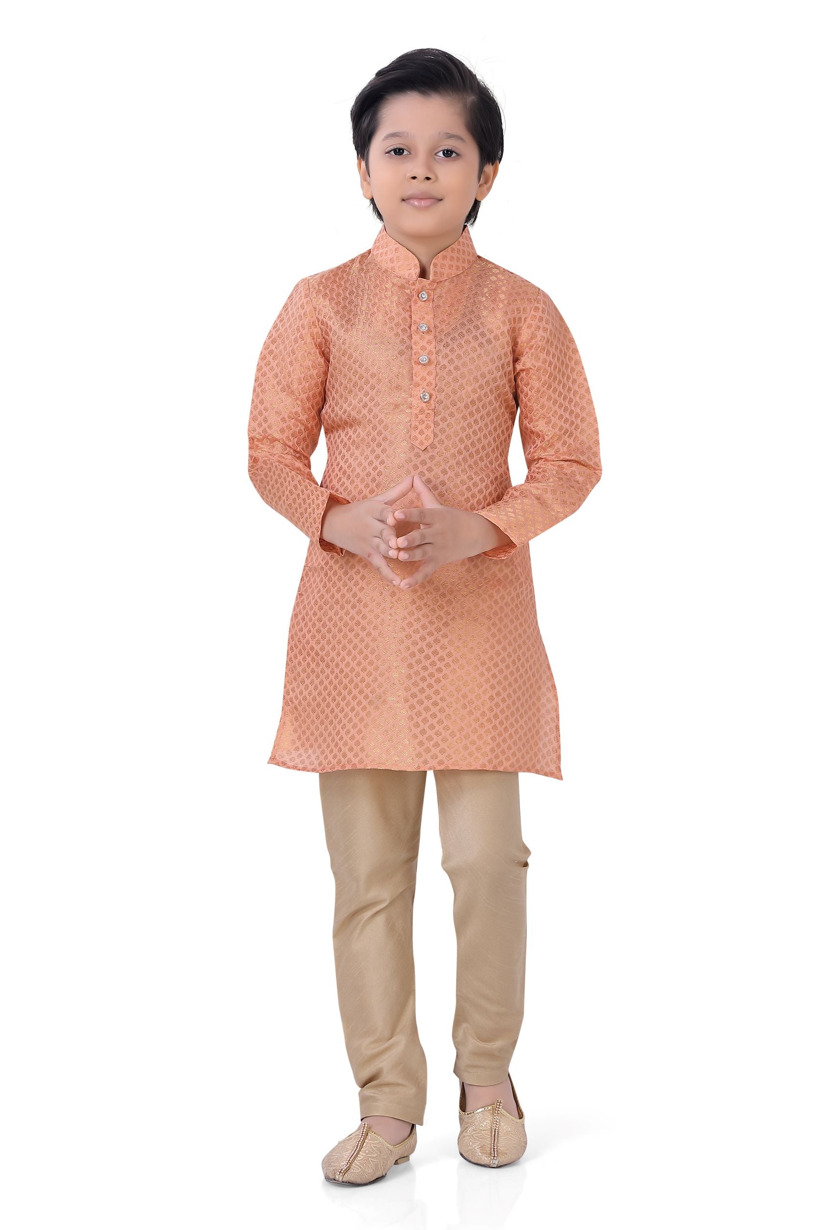 Boys Banarasi Silk Dress Set in Peach - Premium kurta pajama from Dapper Ethnic - Just $50! Shop now at Dulhan Exclusives